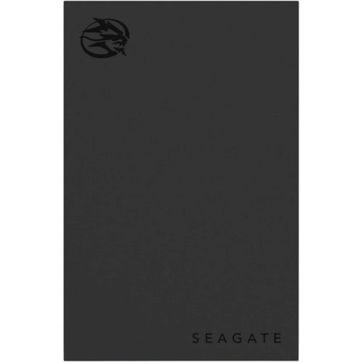 Disco rigido Seagate nero con logo in alto a sinistra e nome del marchio Seagate in basso.