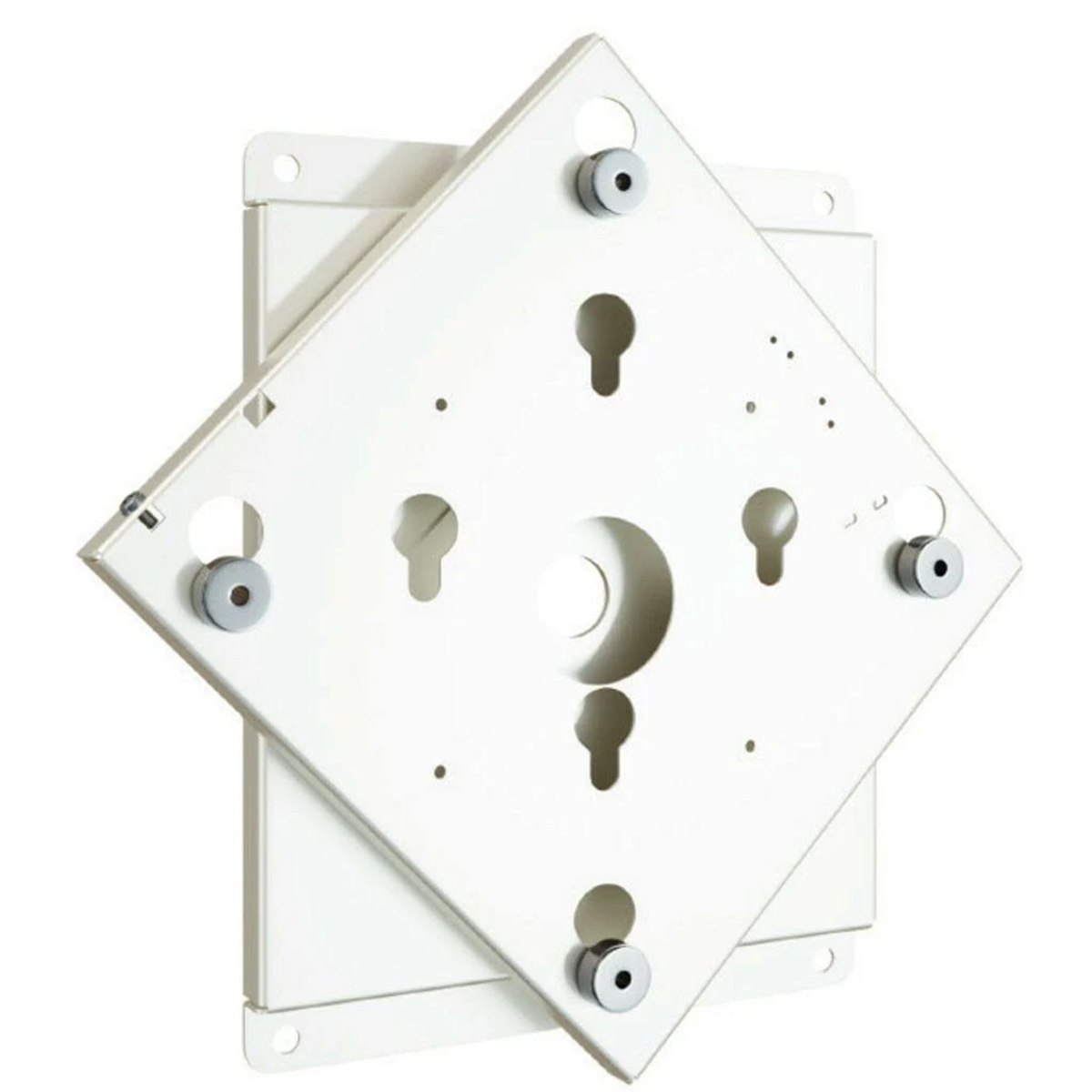 Weiße Metall-Montagehalterung mit Löchern und Schrauben. Es ist eine quadratische Halterung.