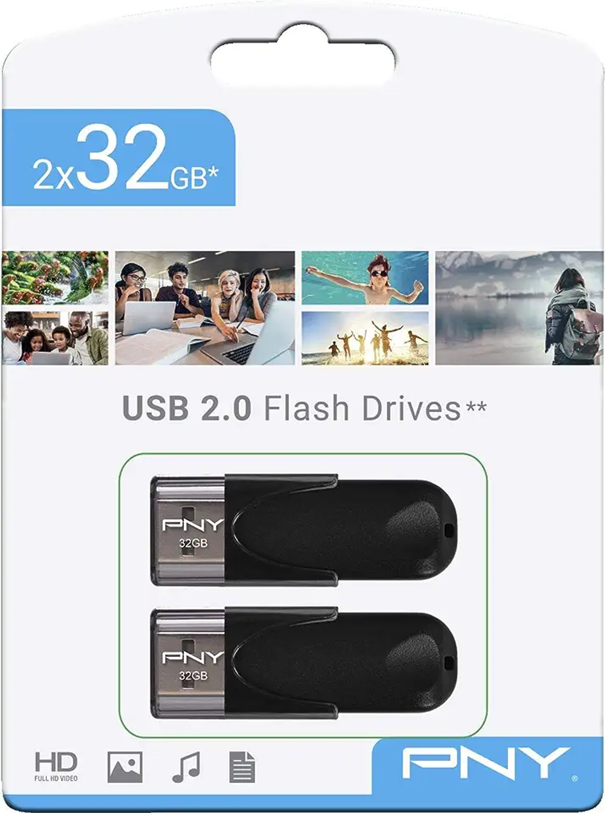 Zwei schwarze USB-Sticks in Verpackung mit Bildern.