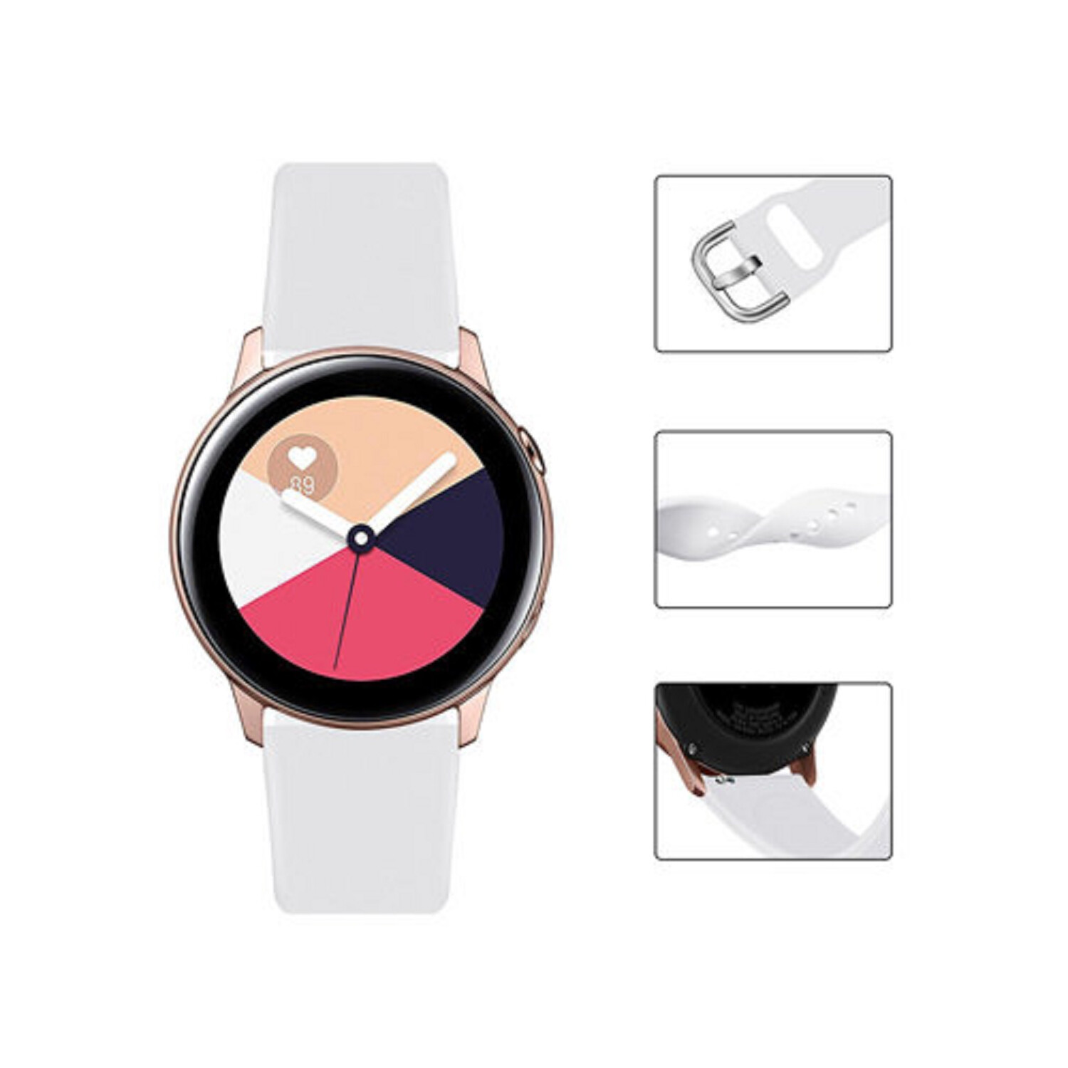 Eine Smartwatch mit weißem Armband und Details der Armbandteile, die das Zifferblatt zeigt.
