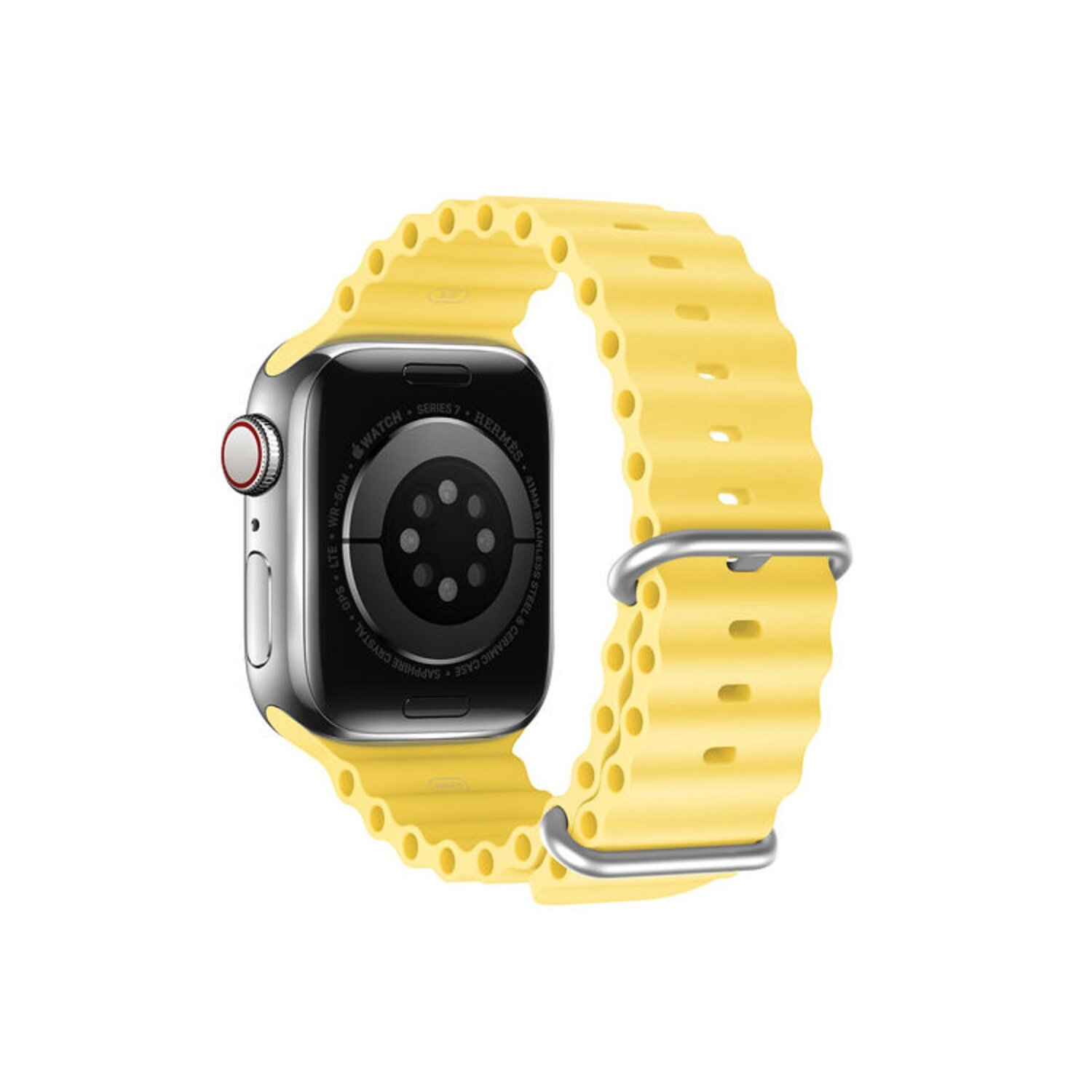 Eine silberne Smartwatch mit einem gelben Wellenarmband, das auf weißem Hintergrund isoliert ist.