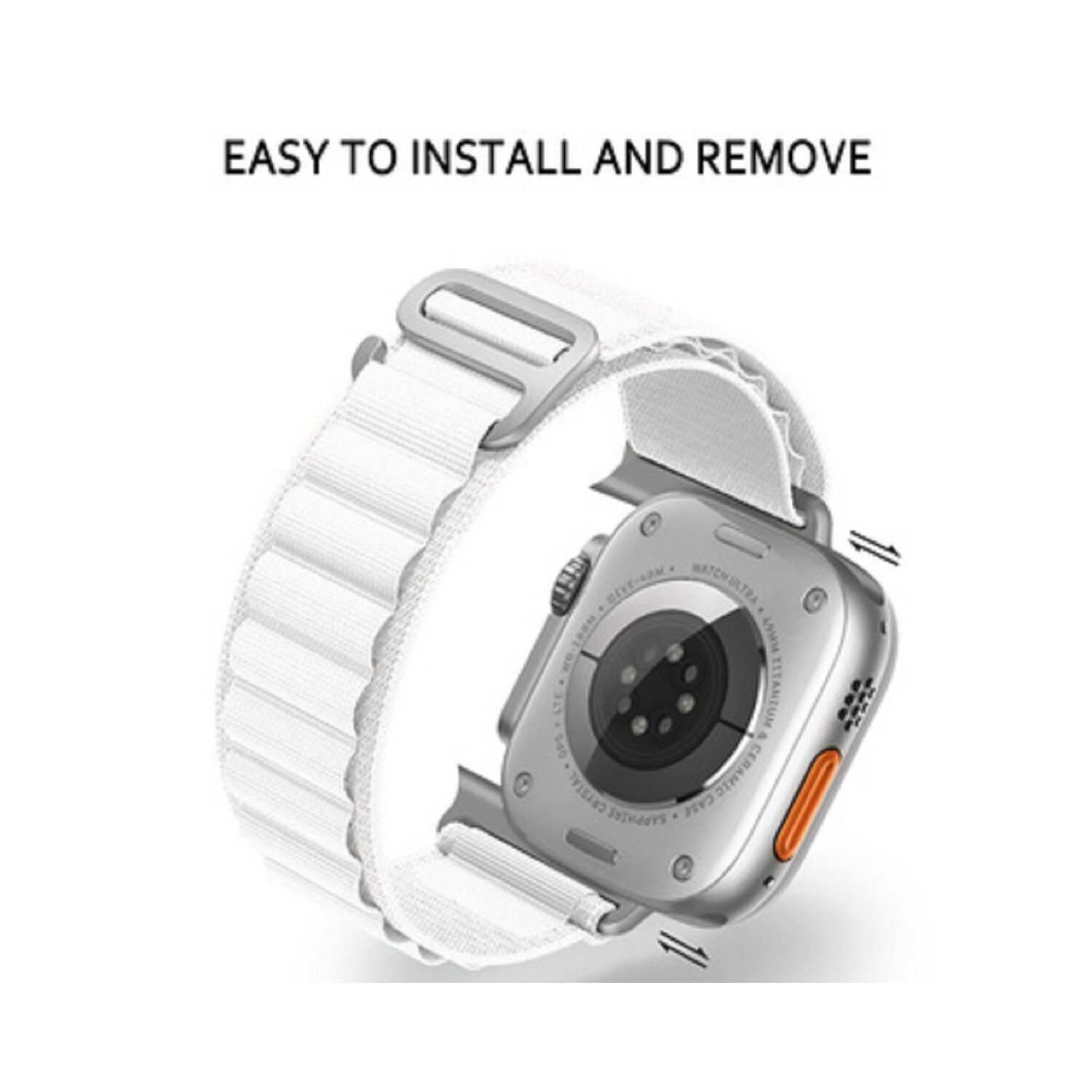 Apple Watch am weißen Armband. Zeigt Zifferblatt und Armbanddetails. Text: Easy to install.