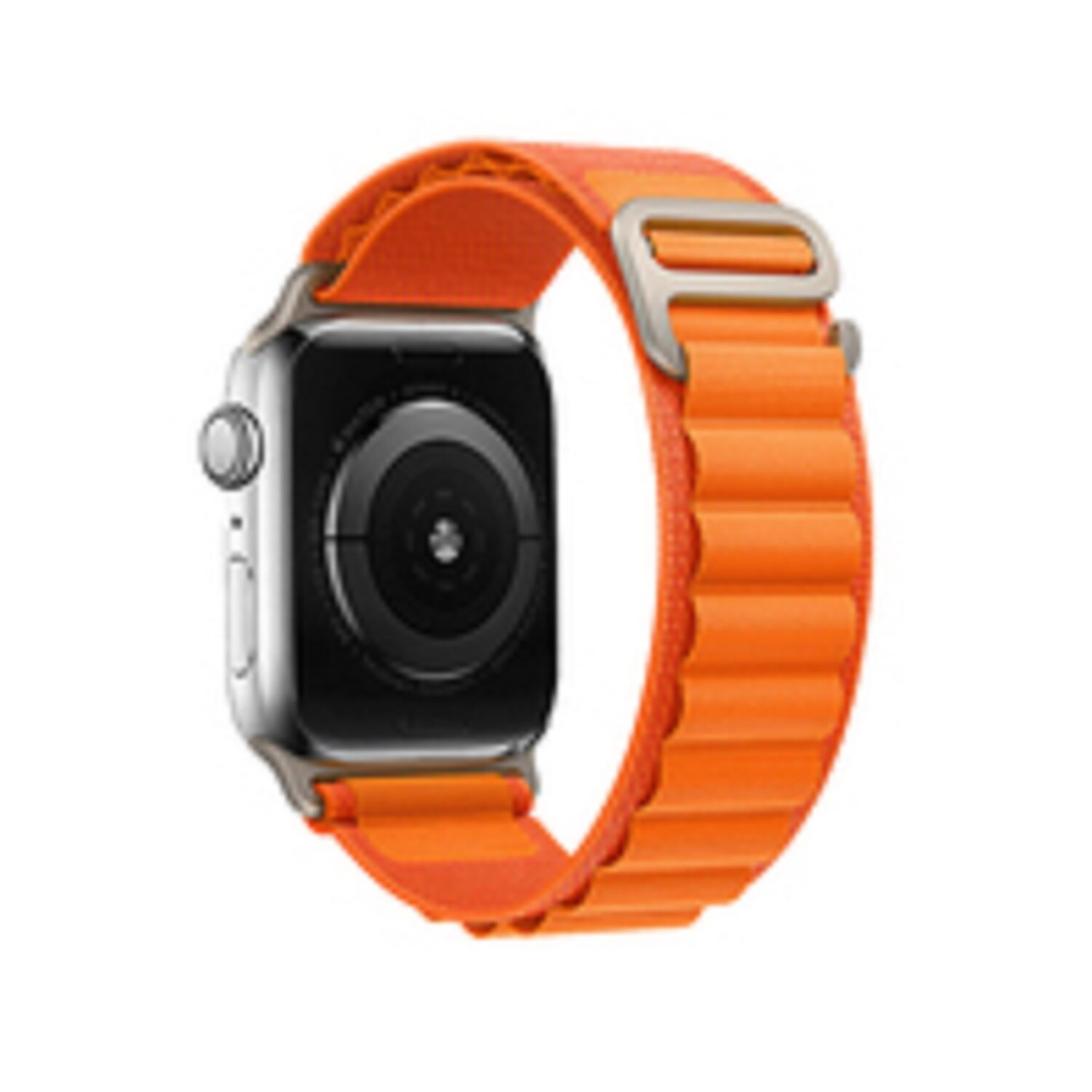 Silberne Apple Watch mit orangefarbenem Armband. Das Armband hat ein geripptes Design und wird mit einer Metallschnalle befestigt.