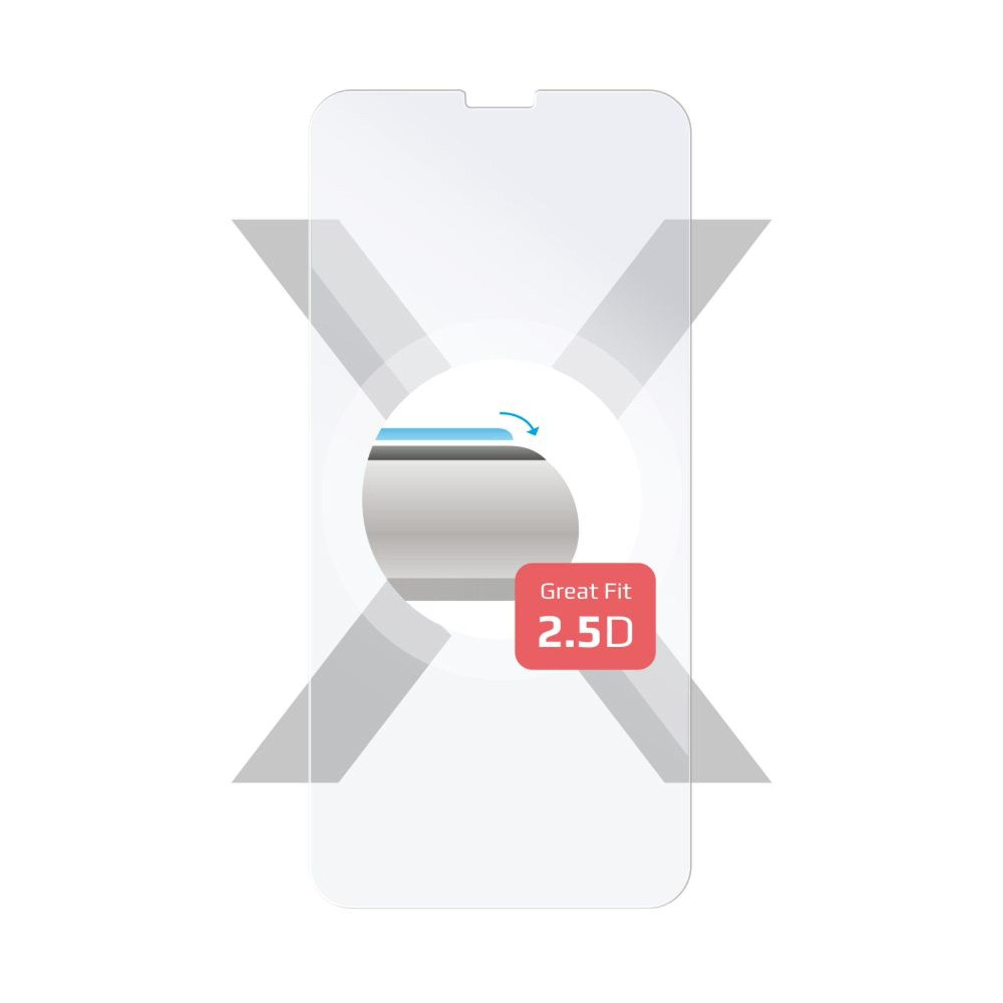 Grafica di una protezione schermo. Mostra un telefono con una freccia e una casella rossa con 'Great Fit 2.5D'.
