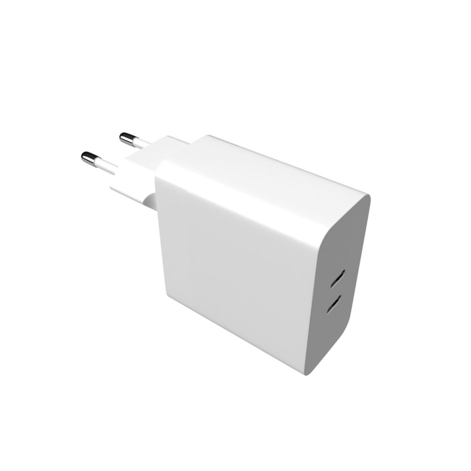 Weißes USB-Ladegerät mit zwei Anschlüssen. Es hat zwei Stifte für die Steckdose. Weißer Hintergrund.
