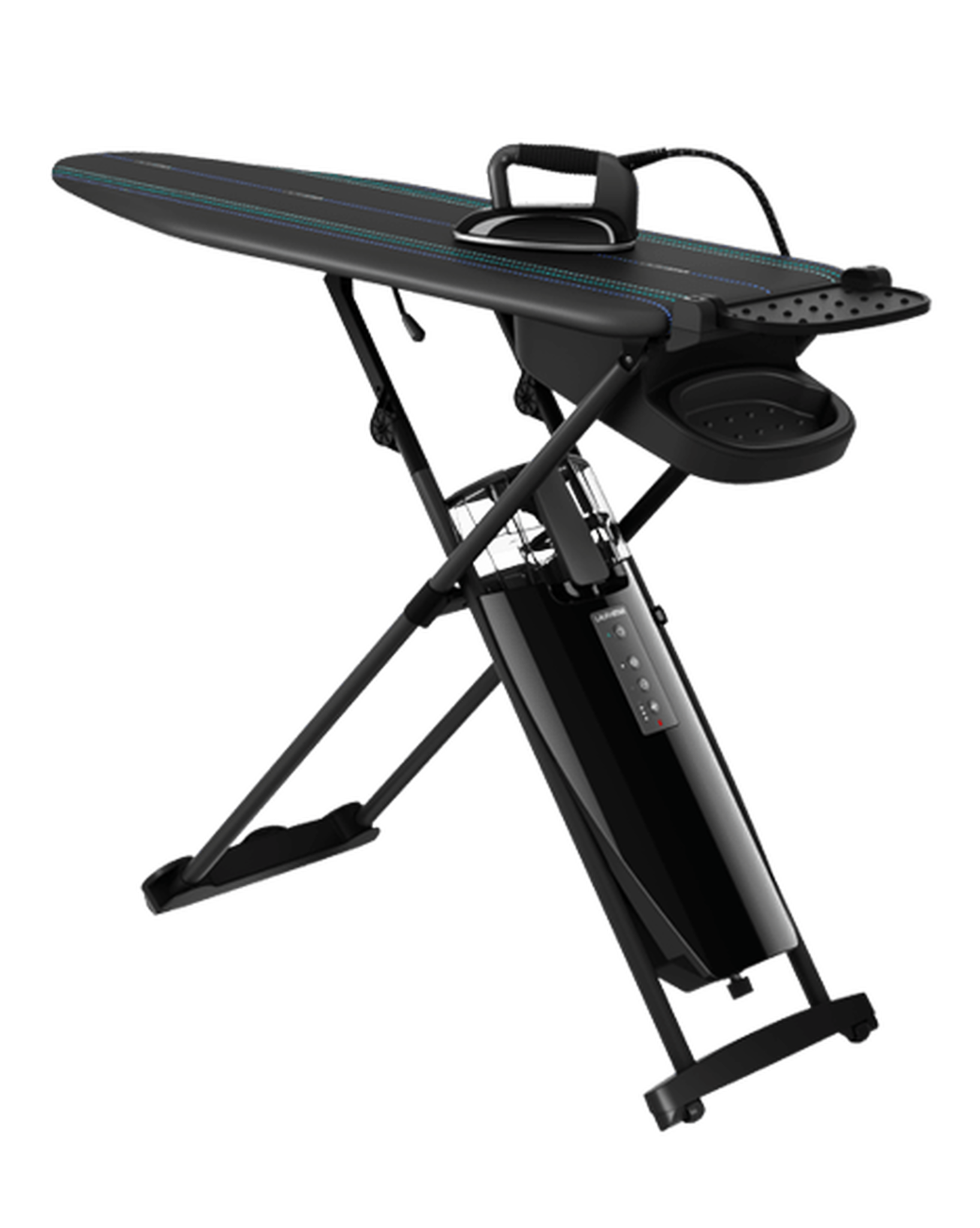 Czarna deska do prasowania z żelazkiem. Deska jest pochylona do góry. Żelazko ma zakrzywiony uchwyt.