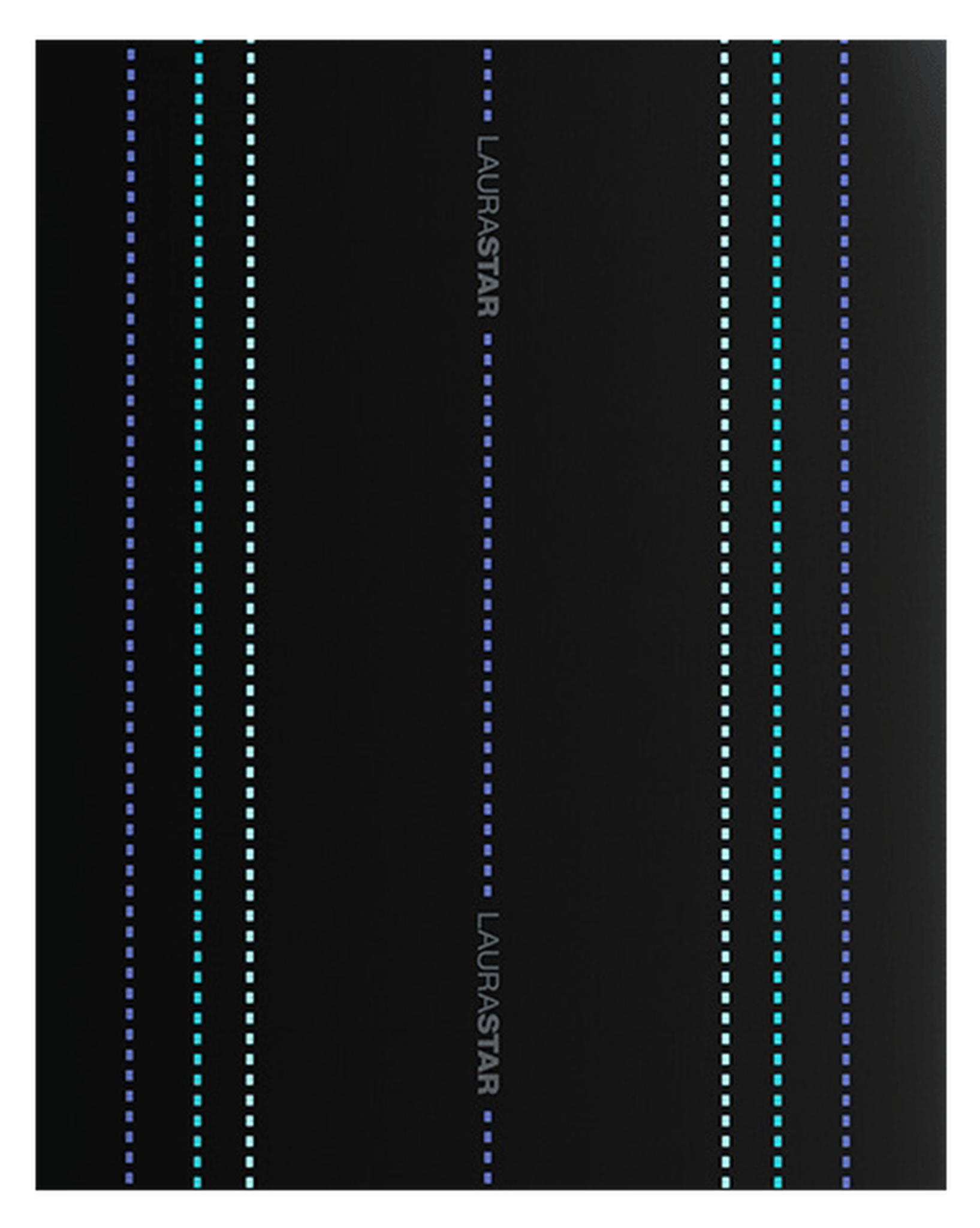 Czarna powierzchnia z pionowymi, kropkowanymi, kolorowymi liniami i powtarzającym się tekstem 'LAURA STAR'.