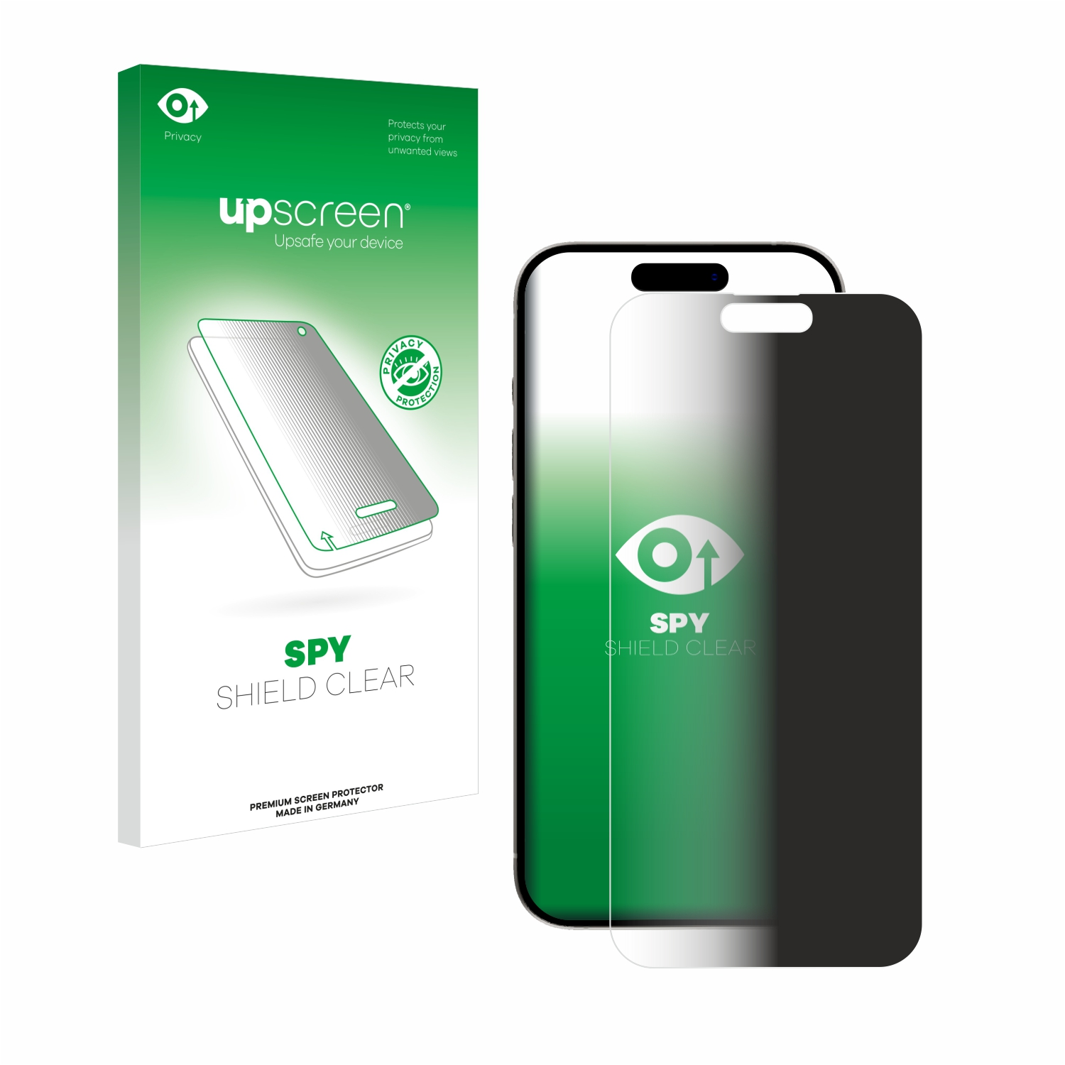 Displayschutzfolien-Verpackung und Telefon mit angebrachtem Privacy-Screen. Schwarzer Bildschirm.