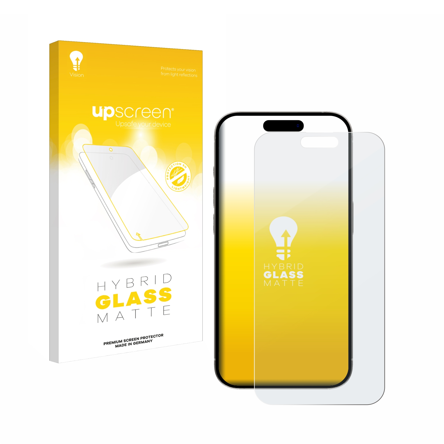 Smartphone mit Displayschutz und Verpackung. Die Verpackung sagt Hybrid Glass.