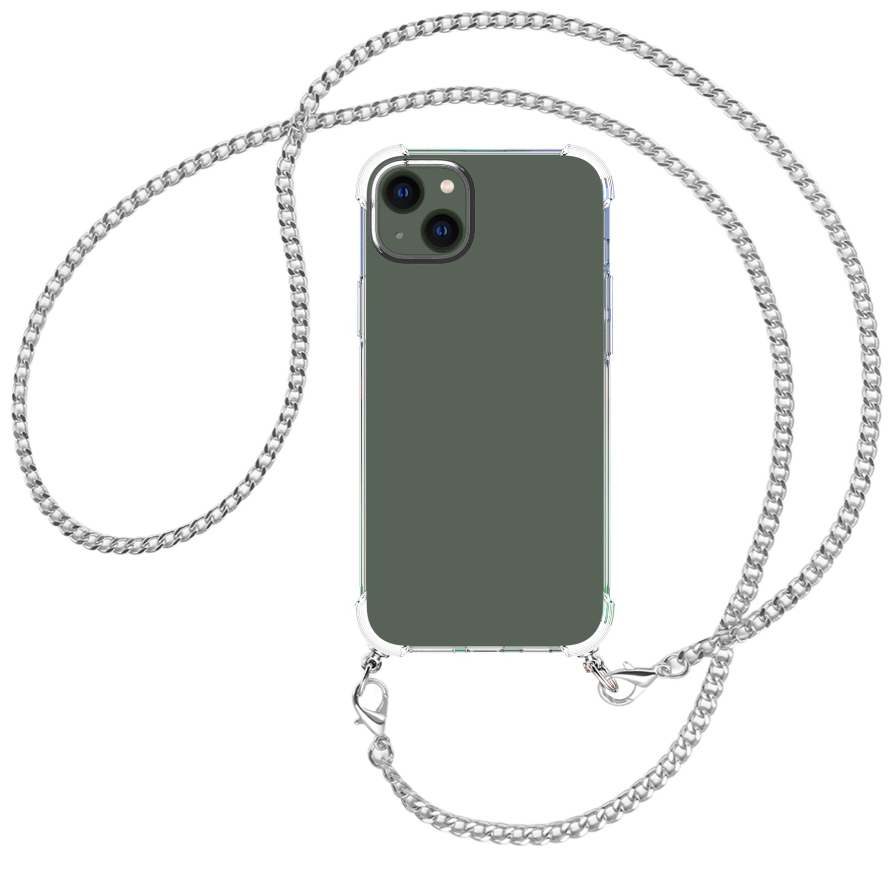 Grünes Telefon in klarer Hülle mit silberner Kette. Kette um das Telefon geschlungen.