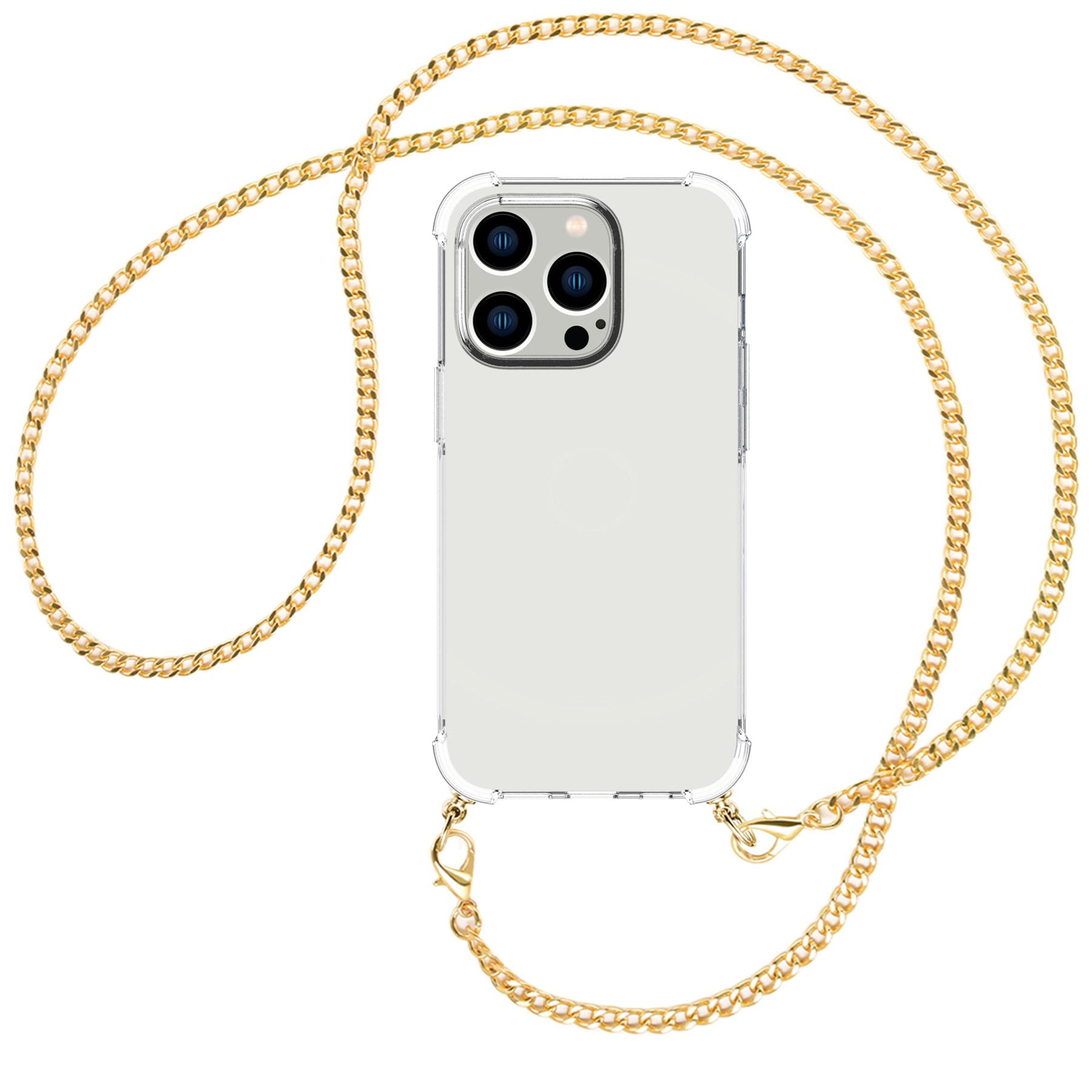 Apple, Pro Umhänge-Hülle Kette ENERGY 15 (gold) Max, MTB mit Umhängetasche, Metallkette, iPhone MORE