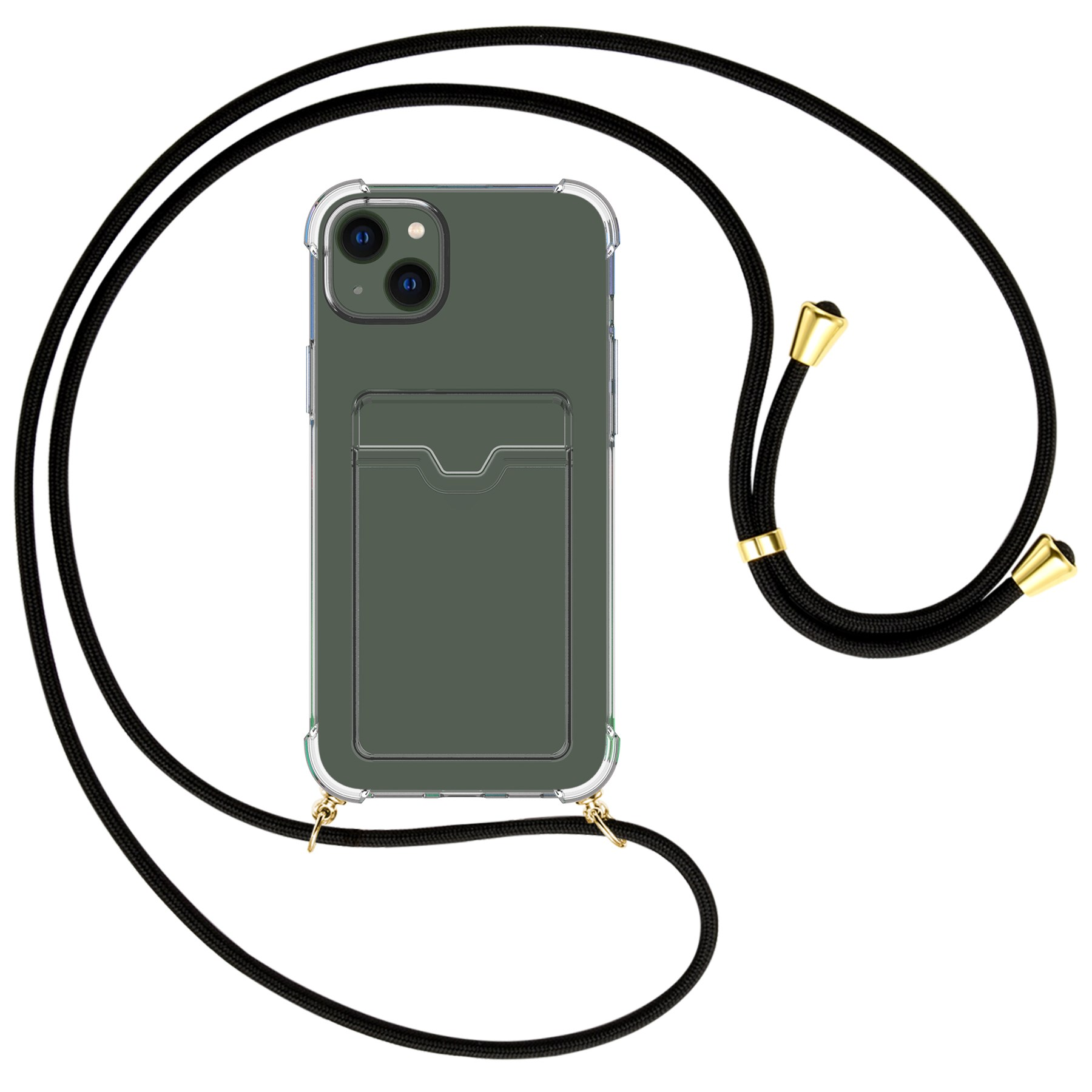 Telefonhülle mit Kartenfach, durchsichtigem Rücken und schwarzem Band.