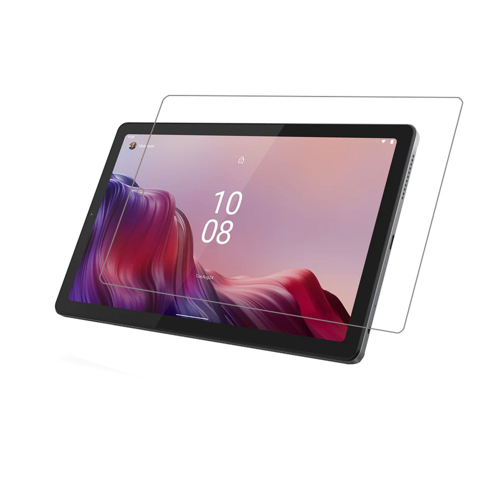 Tablet nero con protezione schermo applicata. Lo schermo mostra la data 10 08.