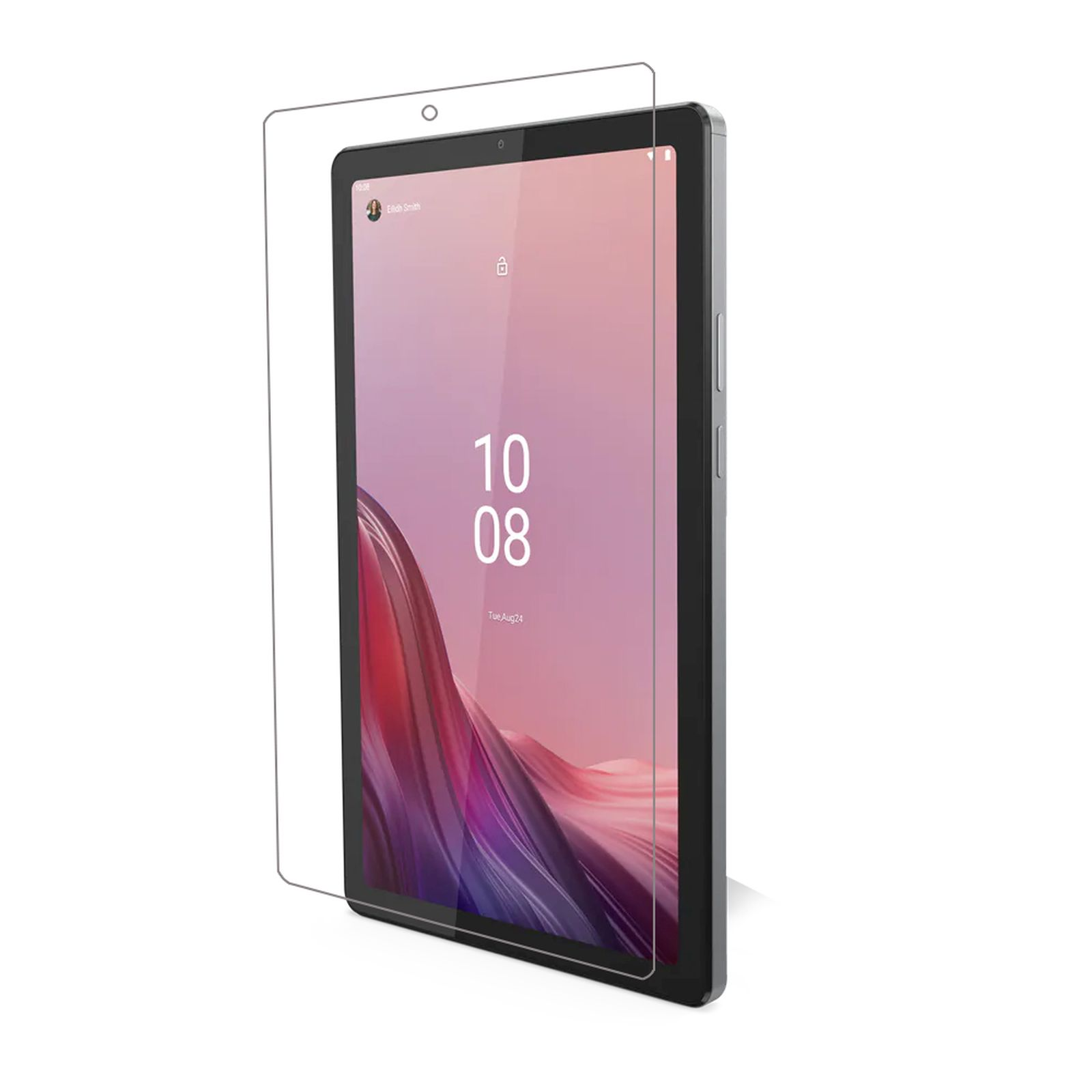 Tablet con protezione schermo applicata. Visualizza una schermata di blocco con una data.