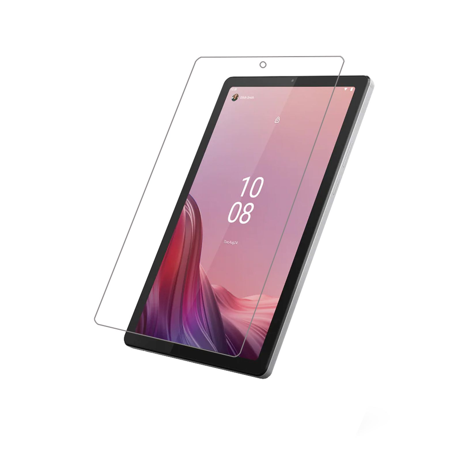 Tablet con protezione schermo applicata. Mostra uno schermo con un'immagine rosa e bianca. Isolato su bianco.