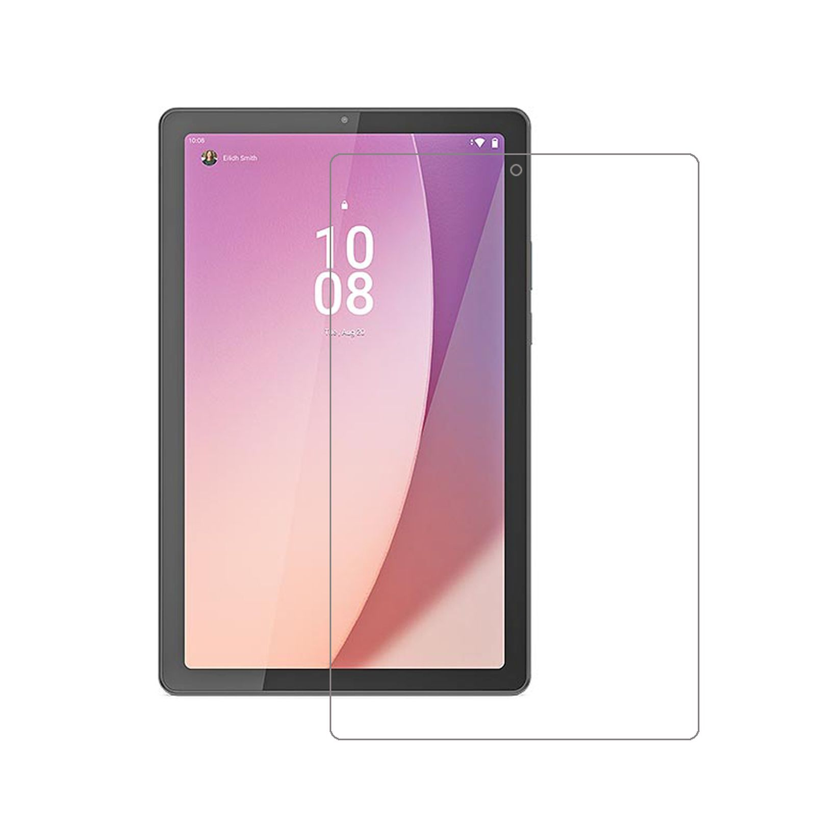 Tablet con protezione schermo applicata, su una superficie bianca.