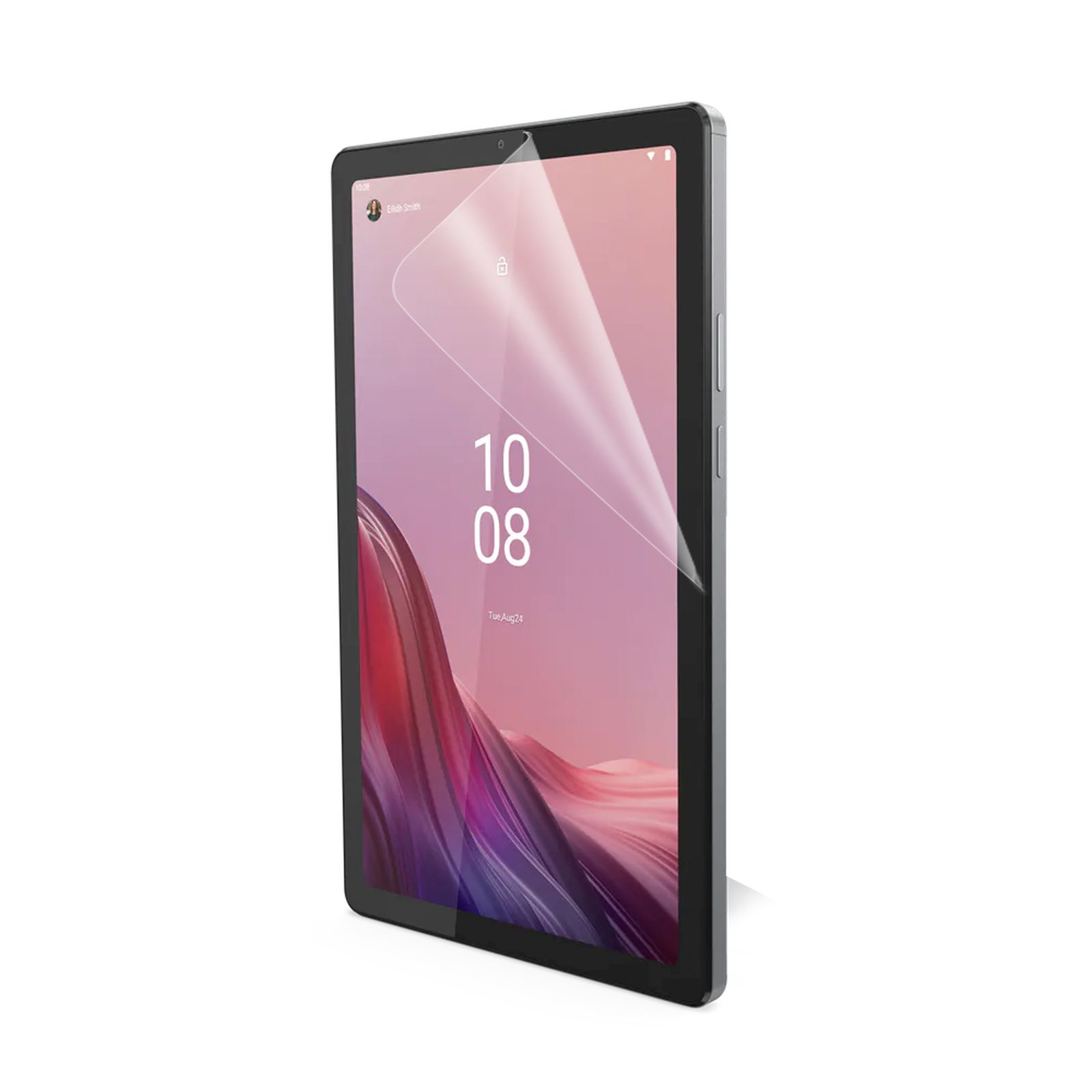 Un tablet con una protezione per lo schermo. Lo schermo mostra un'icona di blocco e la data 10/08.