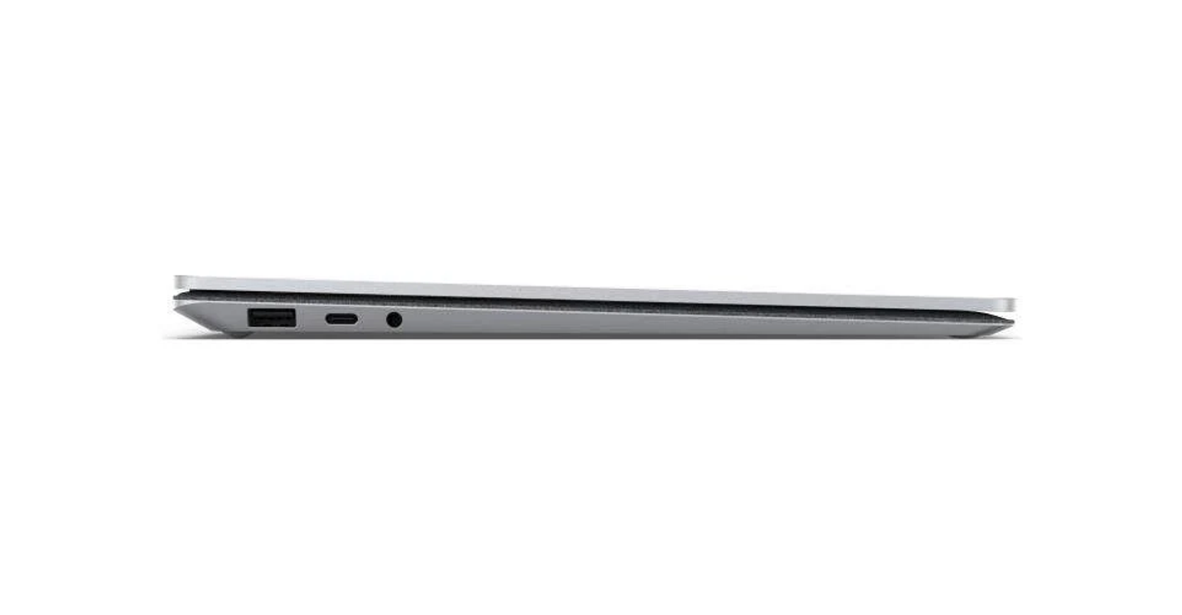 Seitenansicht eines grauen Laptops, die Kante mit Anschlüssen zeigend, weißer Hintergrund.