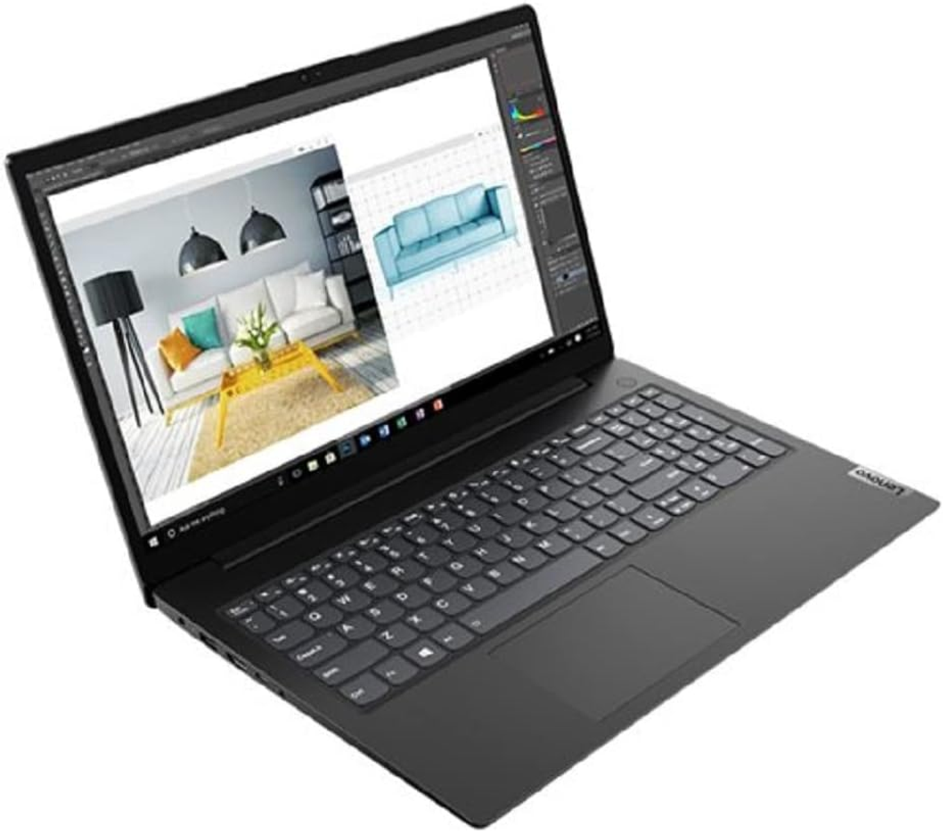 Schwarzer Laptop, der ein Raumdesign auf dem Bildschirm anzeigt.