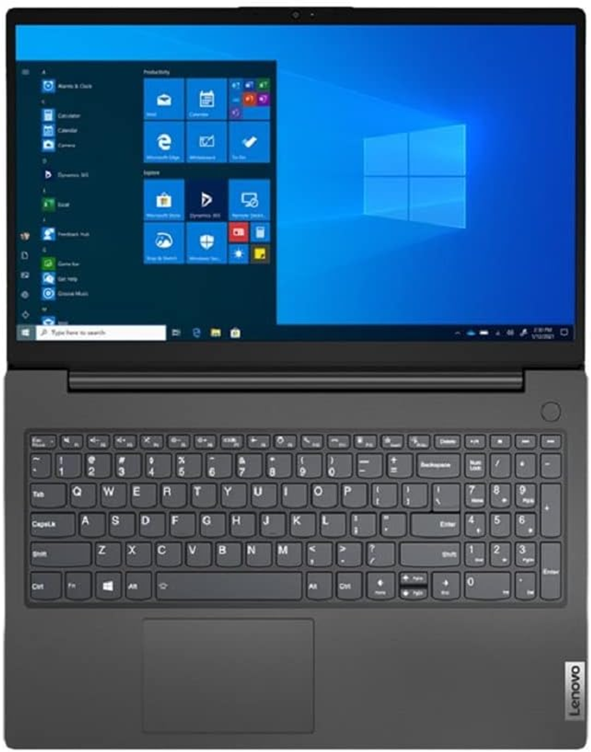 Ein Laptop mit Tastatur, Windows-Desktop und Lenovo-Logo, von oben gesehen.