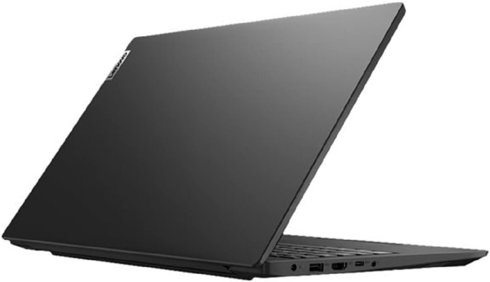 Schwarzer Laptop, geschlossen und schräg, zeigt seine Rückseite. Das Scharnier und die Anschlüsse sind sichtbar.