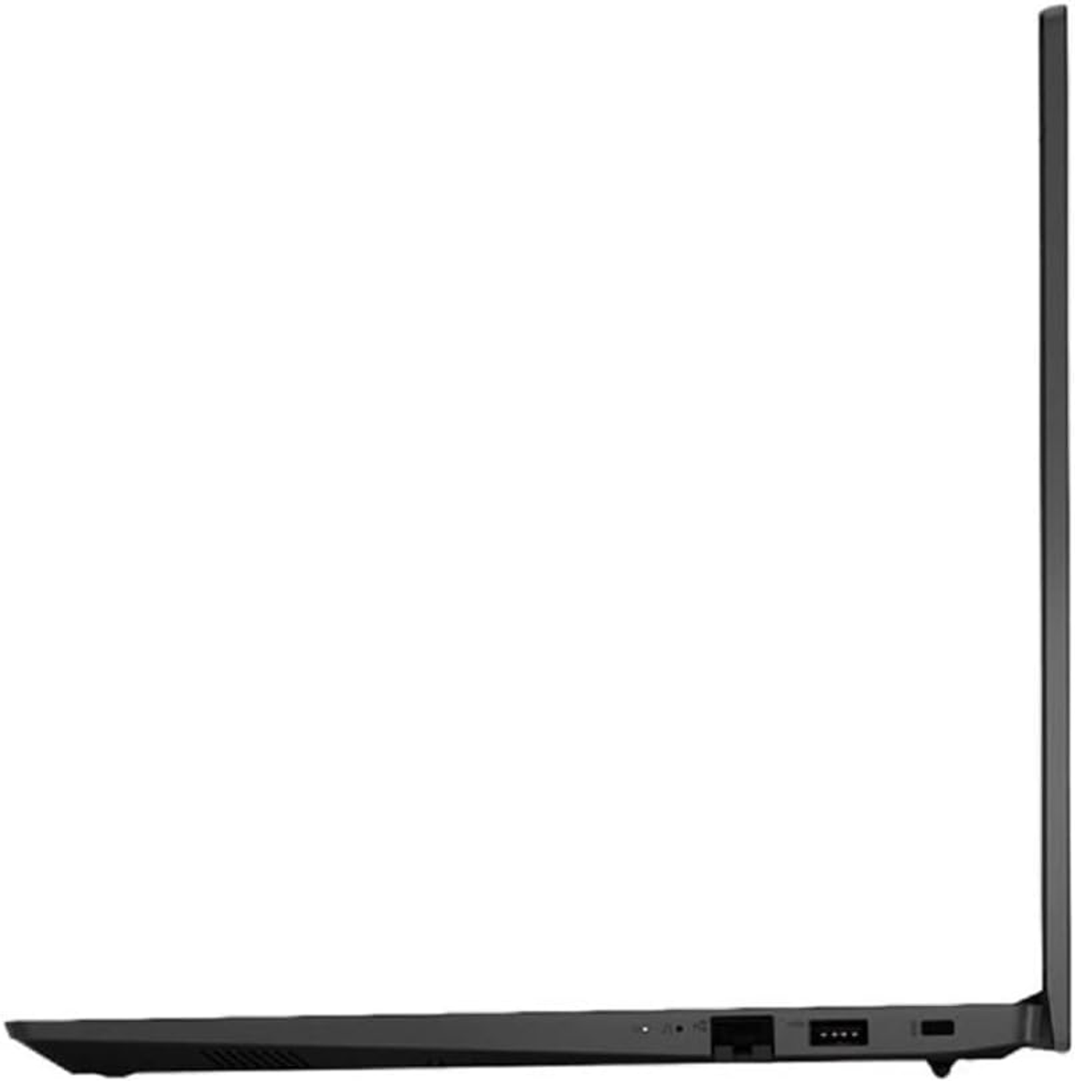 Schwarzer Laptop, Seitenansicht. Der Bildschirm ist geschlossen. Auf weißer Oberfläche.