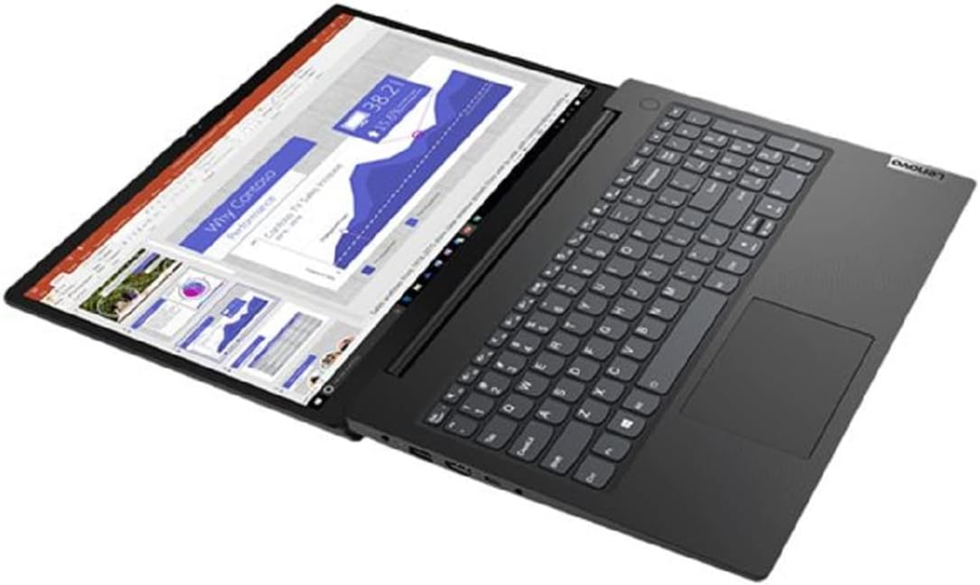 Laptop mit geöffnetem Bildschirm, zeigt eine Präsentation. Die Tastatur ist sichtbar.