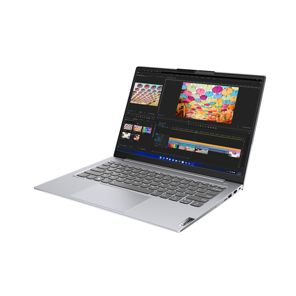 Schwarzer Laptop, Seitenansicht, geschlossen, vor weißem Hintergrund.