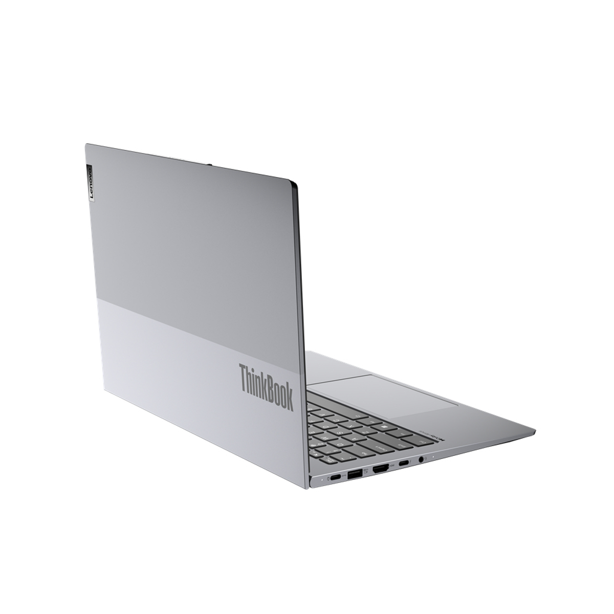 Silberner Laptop mit ThinkBook-Logo, teilweise geöffnet auf weißer Oberfläche.