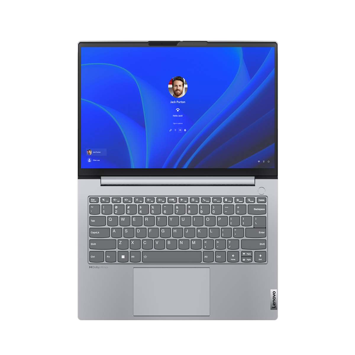 Laptop mit Profilbild des Benutzers auf dem Bildschirm. Tastatur, Touchpad und Rahmen sichtbar.