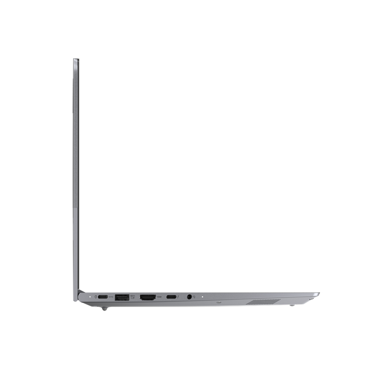 Ein silberner Laptop von der Seite betrachtet. Anschlüsse und ein Scharnier sind sichtbar. Weißer Hintergrund.