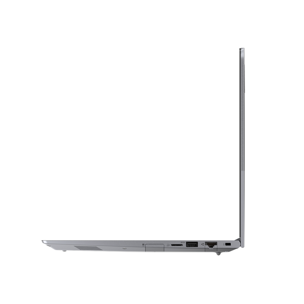 Seitenansicht eines silbernen Laptops mit Anschlüssen an der Seite.
