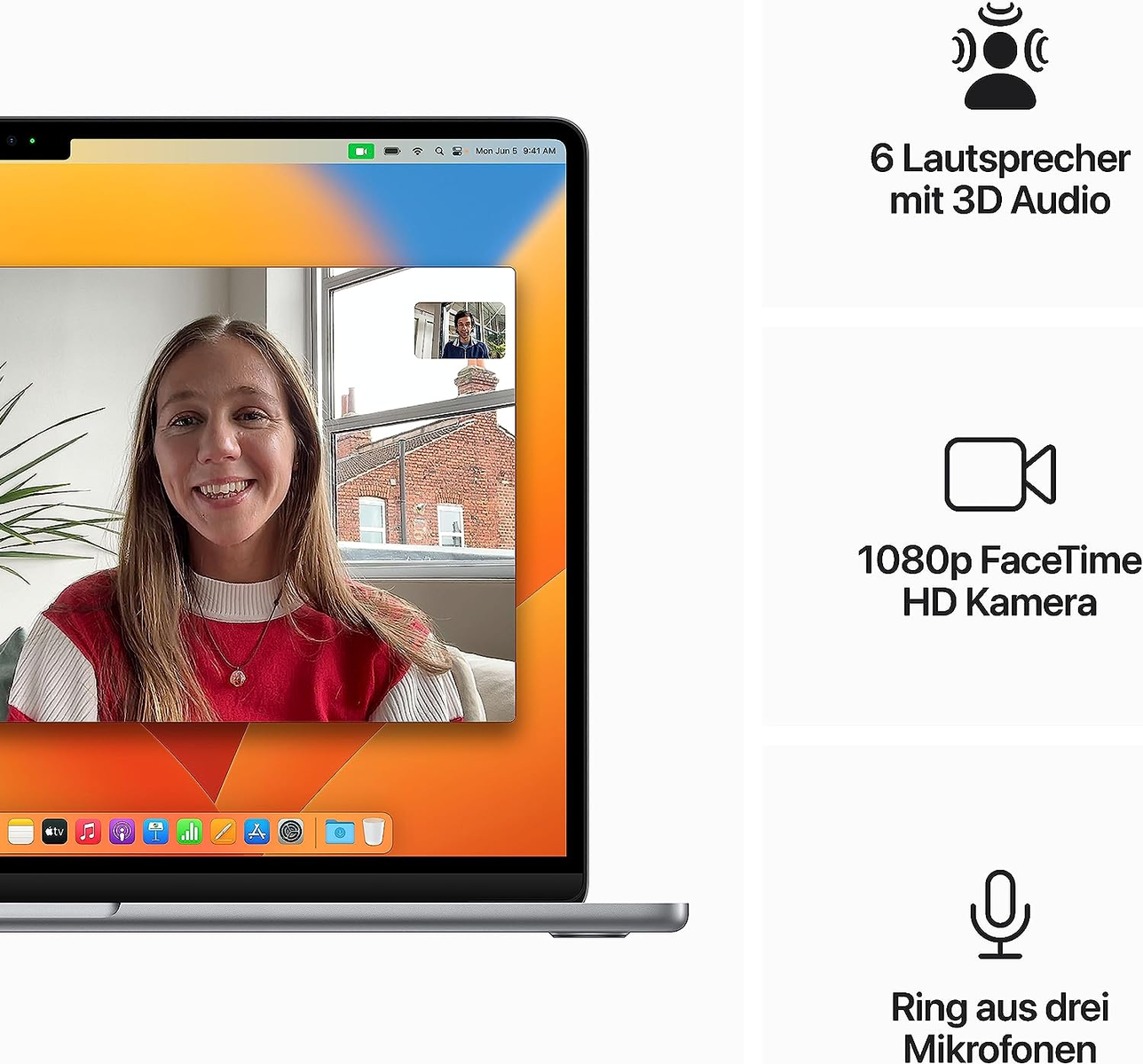 Laptop mit Videoanruf. Text zeigt 6 Lautsprecher, 1080p Kamera und 3 Mikrofone.