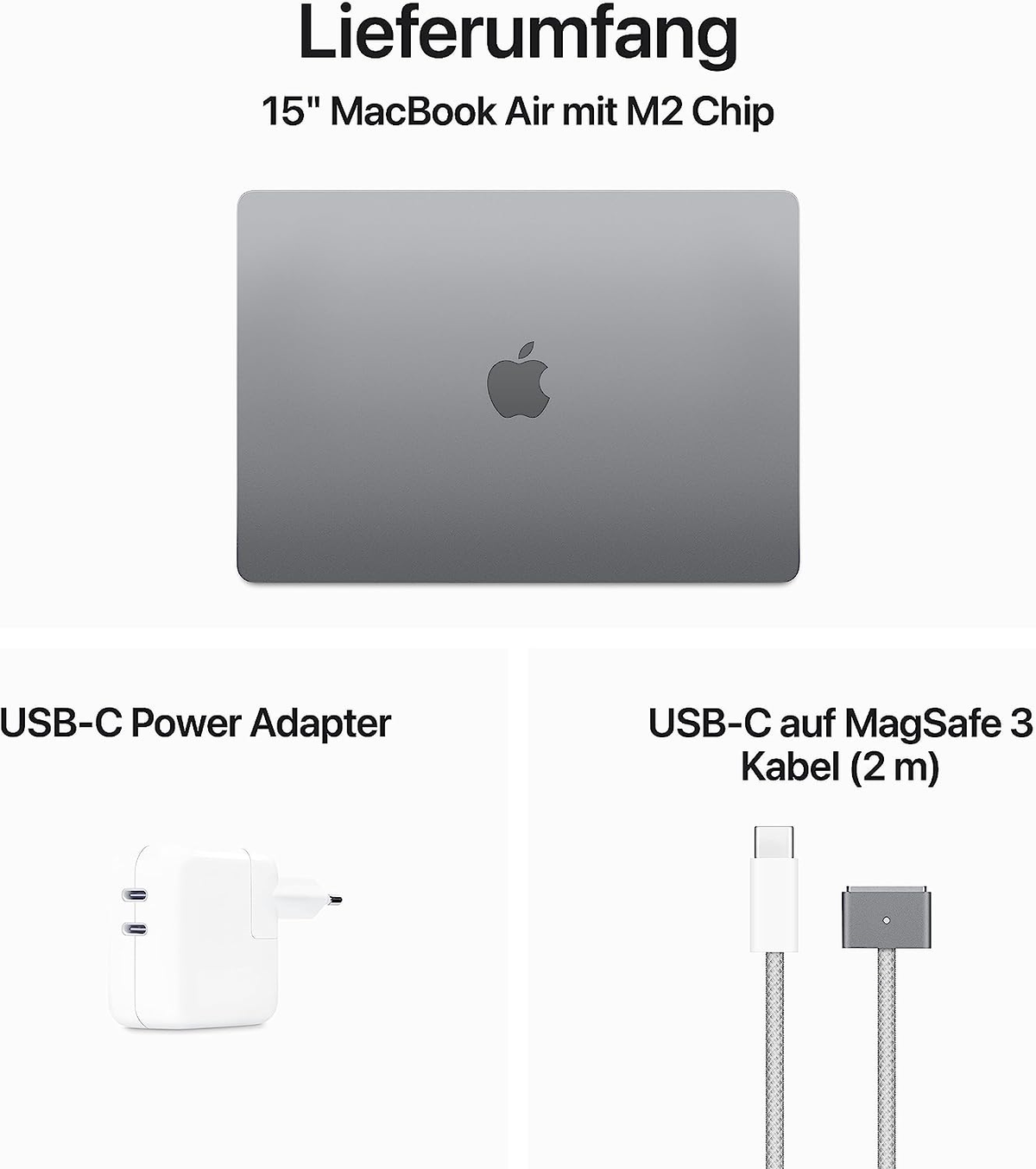 Ein Laptop, Netzteil und Ladekabel werden auf weißem Hintergrund angezeigt.