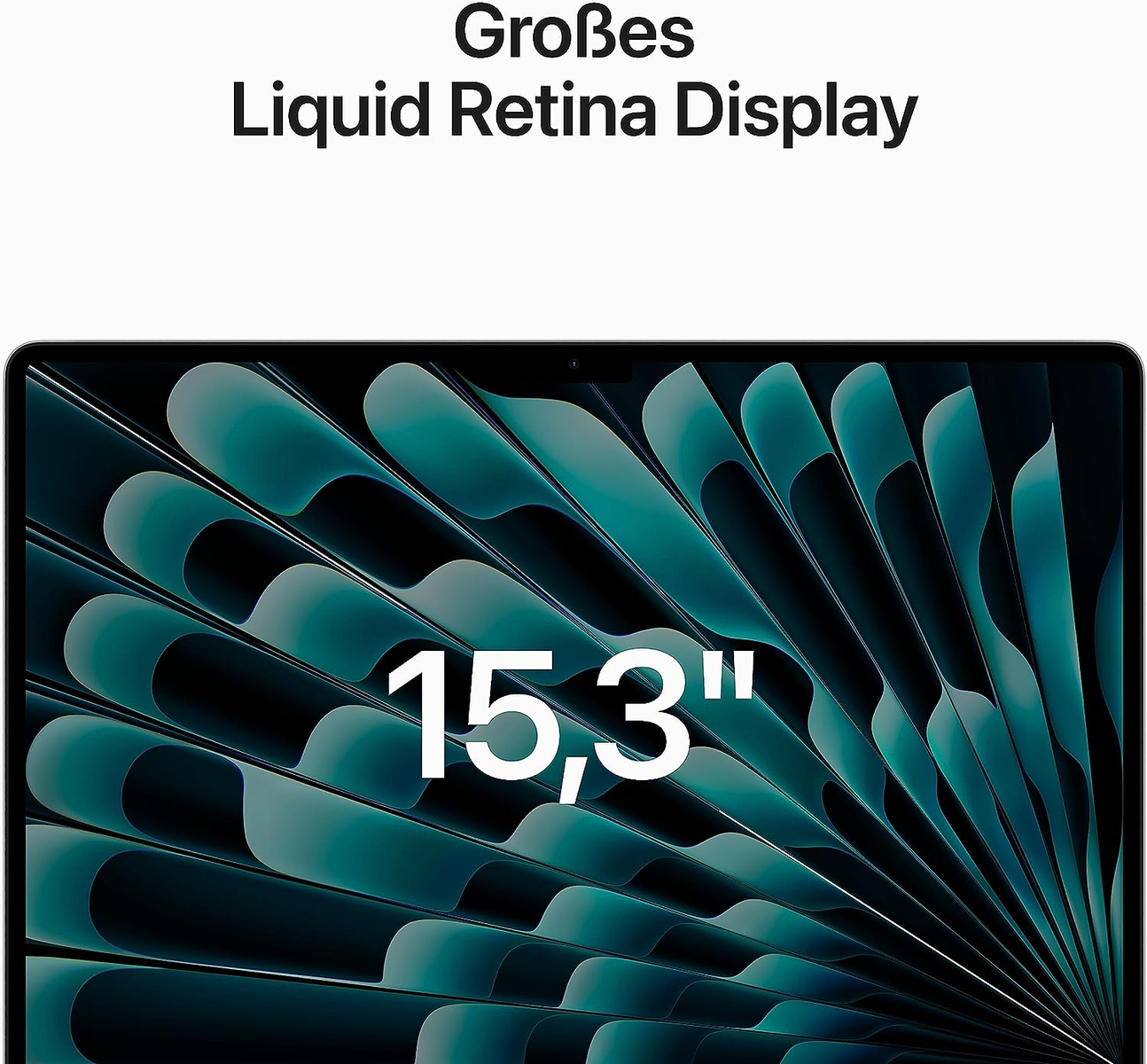 Schermo del laptop con testo: "Großes Liquid Retina Display" e "15,3".