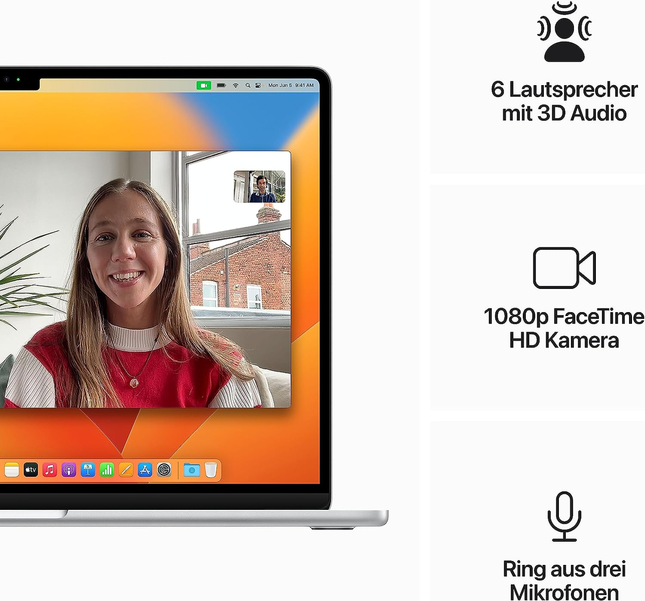 Schermo laptop con videochiamata, con icone e testo a destra.