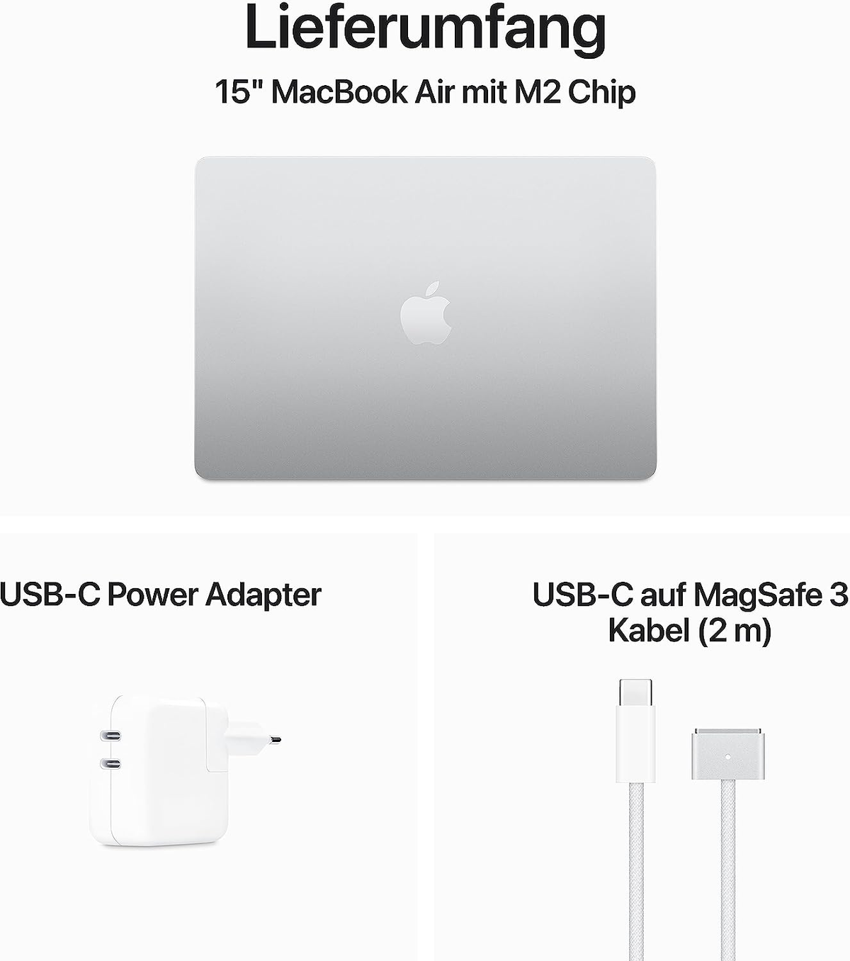 MacBook Air con caricabatterie e cavo, sfondo bianco.