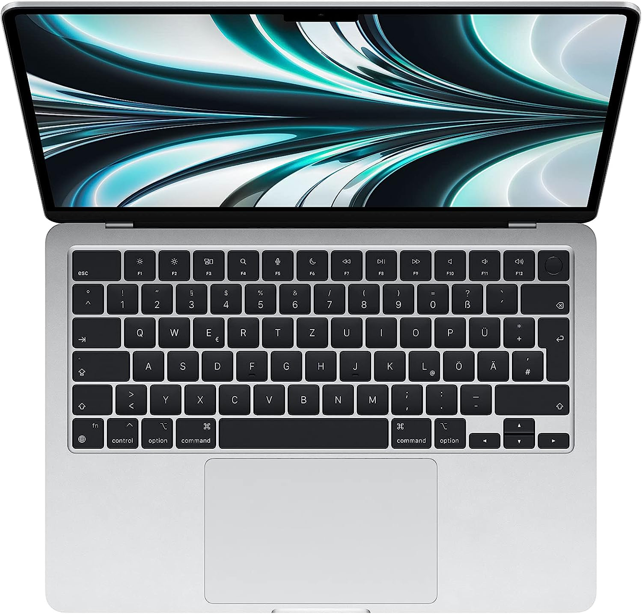 Laptop von oben, mit Tastatur, Bildschirm mit blauem Hintergrund und Trackpad.