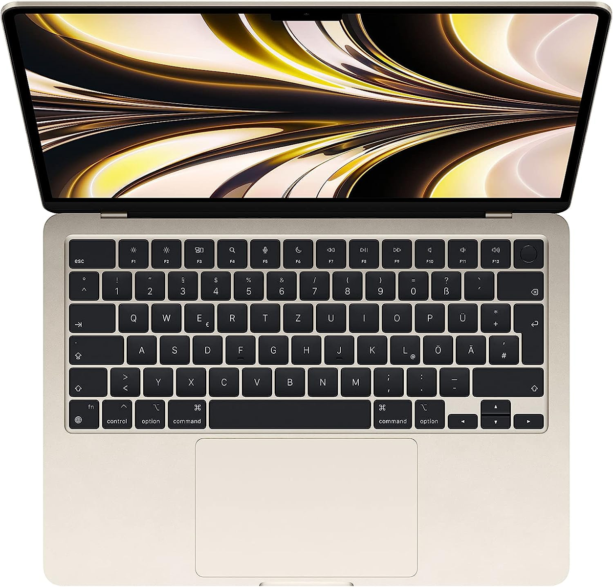 Ein Laptop mit goldfarbener Tastatur. Der Bildschirm ist geöffnet und schwarze Tasten sind sichtbar.