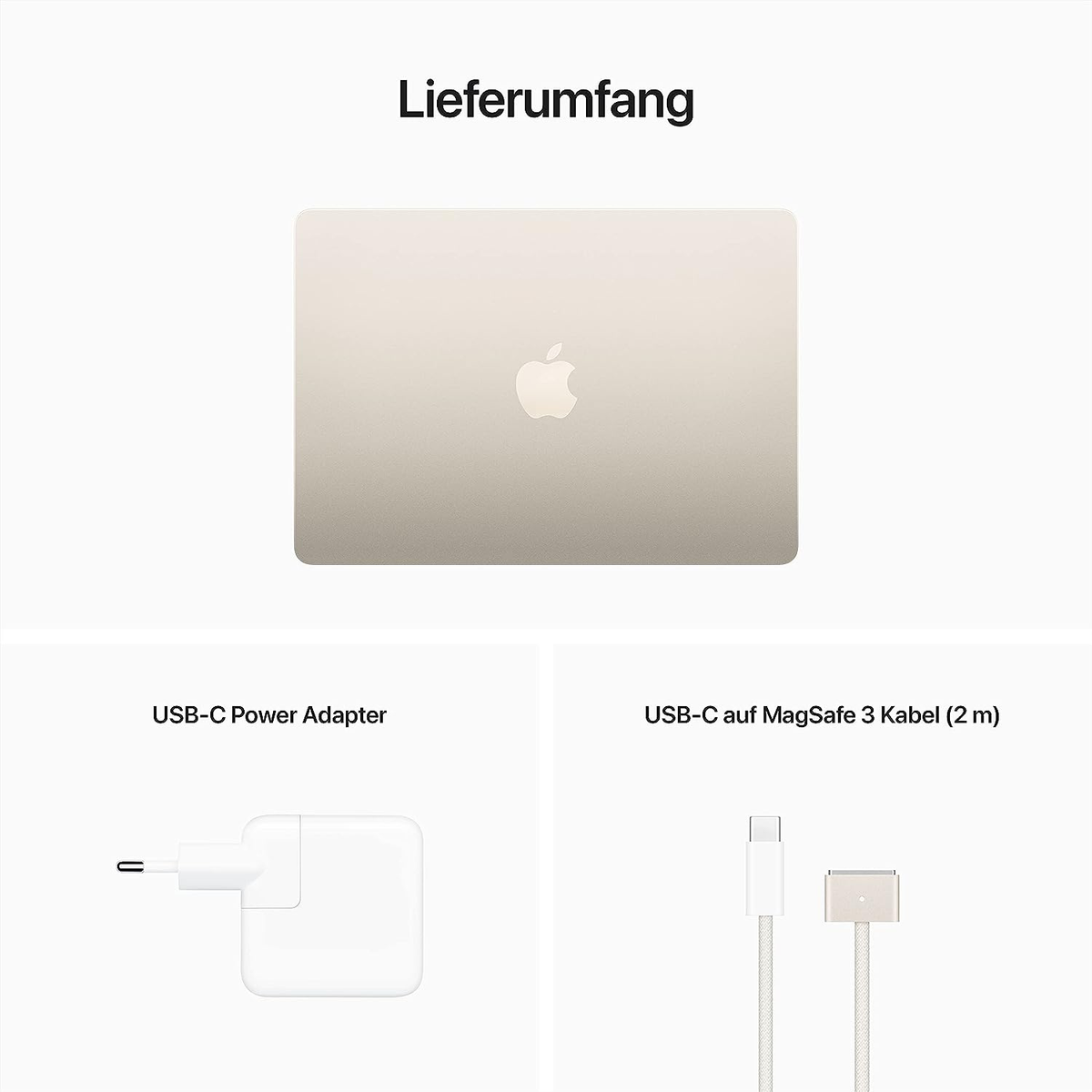 Ein Laptop und Zubehör: Netzteil und Kabel auf weißem Hintergrund. Draufsicht. Text ist vorhanden.