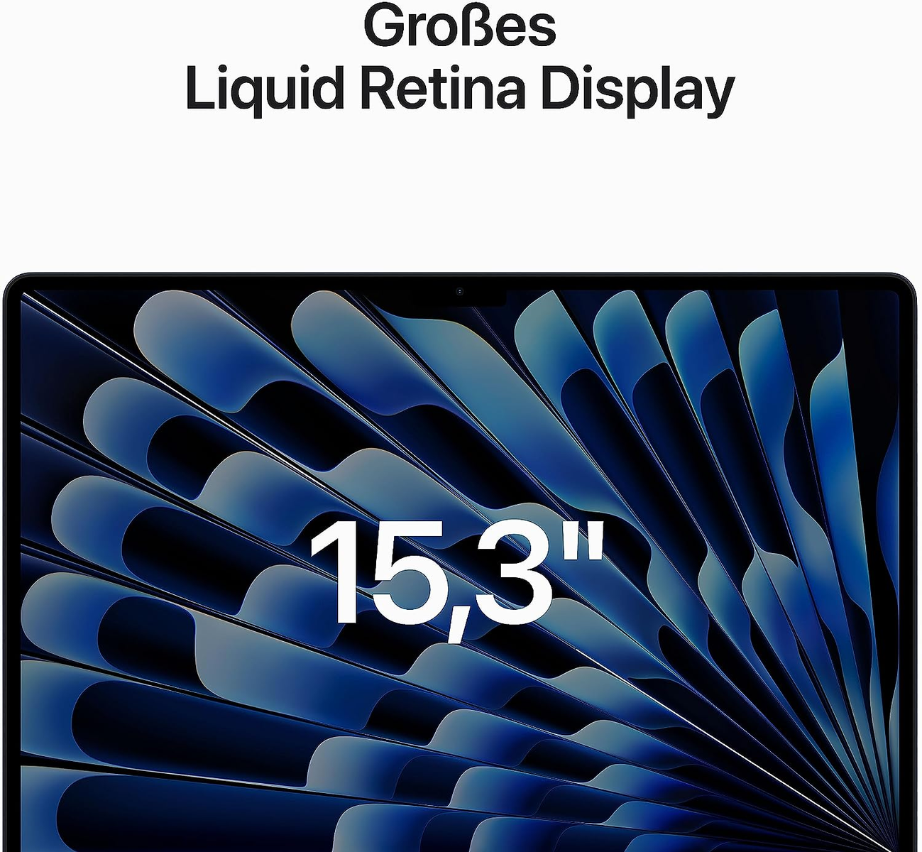Zbliżenie ekranu laptopa z ciemnoniebieskim abstrakcyjnym obrazem i tekstem '15,3"'.