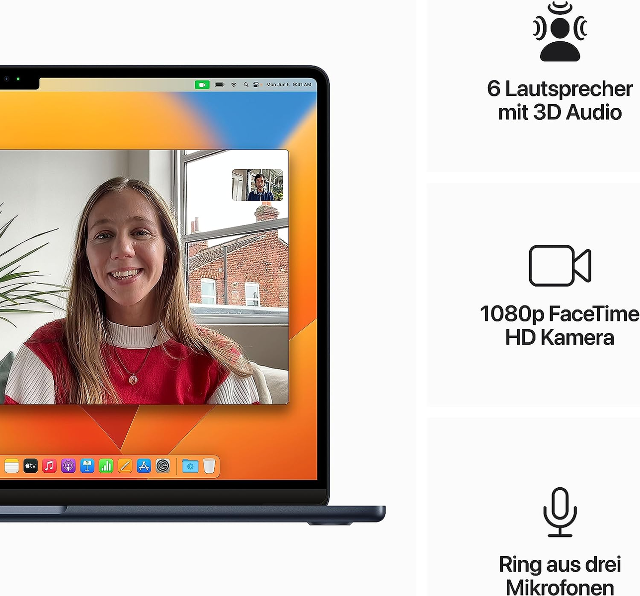 Ekran laptopa pokazujący rozmowę wideo, z ikonami dźwięku, kamery i mikrofonu.