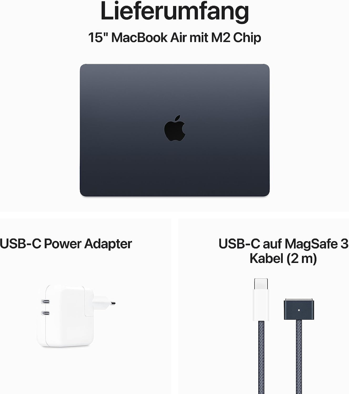 MacBook Air z akcesoriami: zasilacz i kabel USB-C do MagSafe.