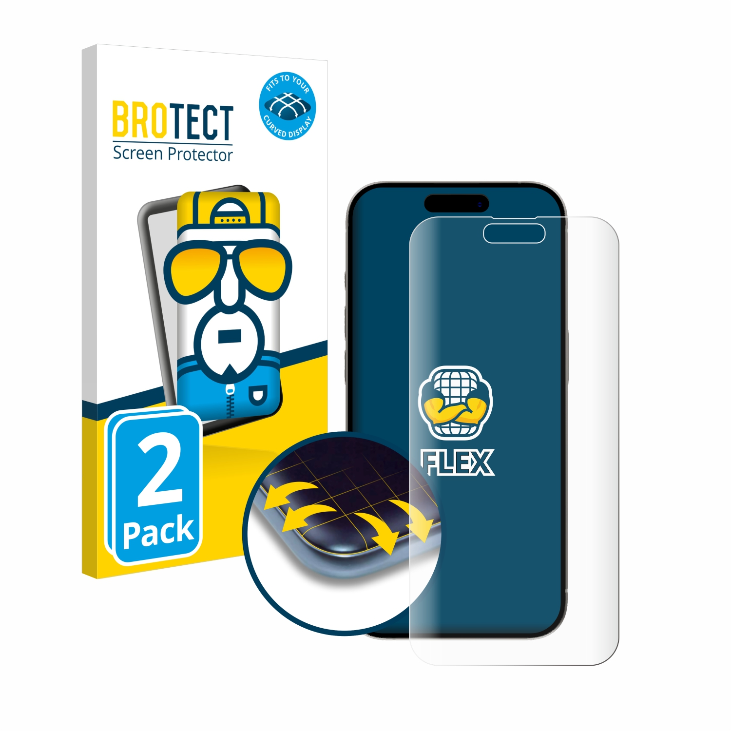 Schutzfolienbox und Telefon mit angebrachtem Schutz. Das Telefon hat einen blauen Bildschirm.