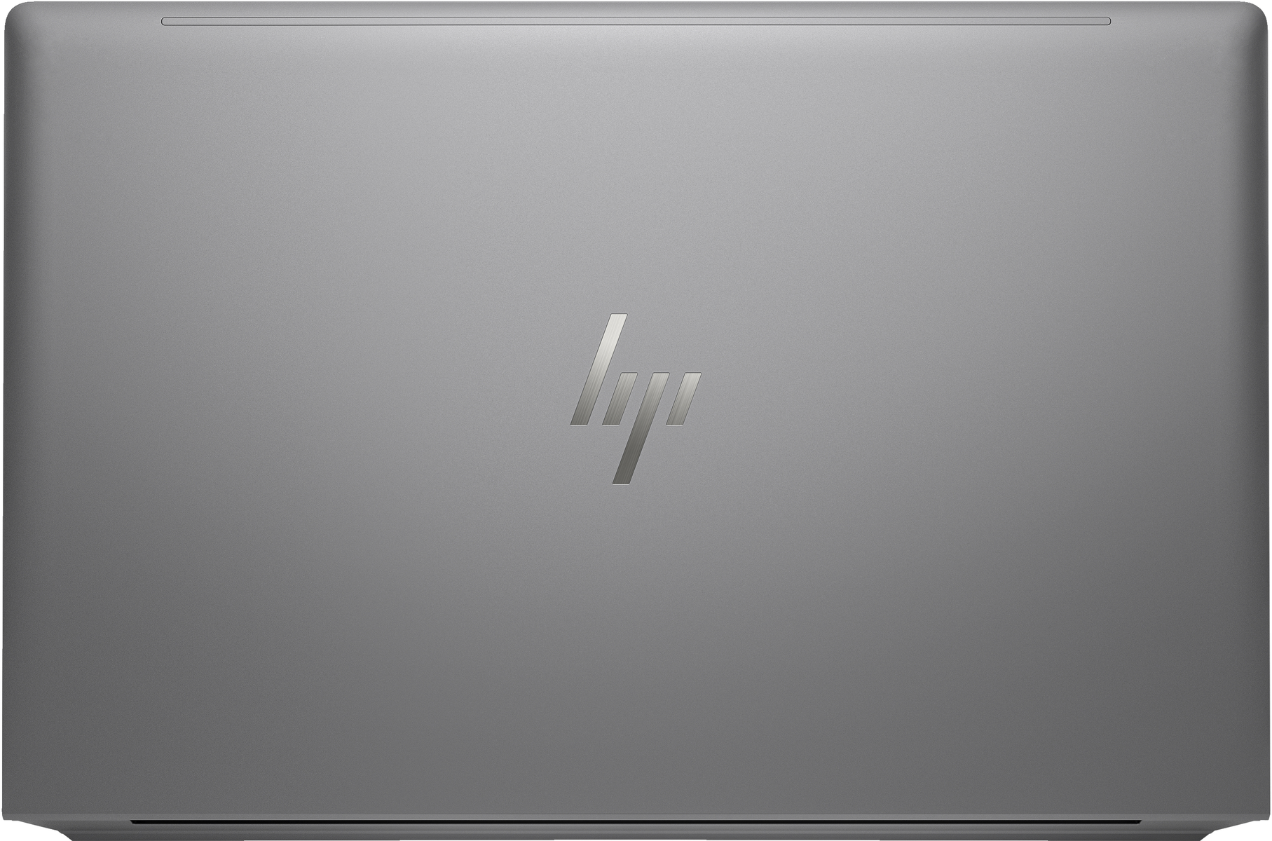 Portátil plateado, cerrado, con un logotipo plateado de HP en la tapa, sobre una superficie blanca.