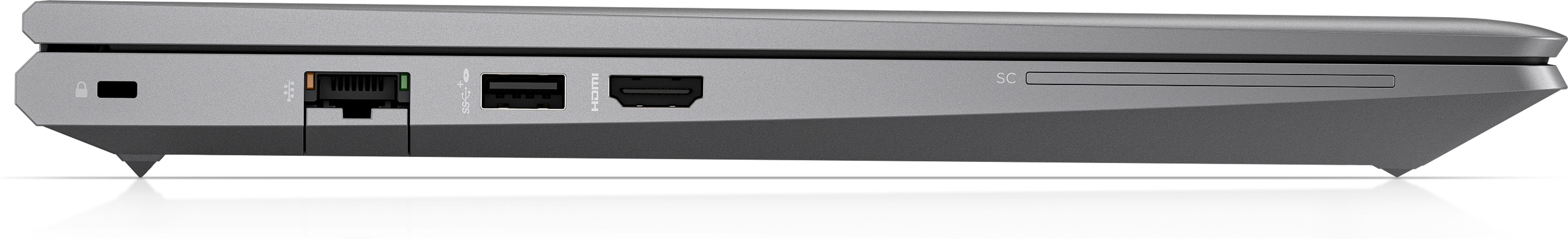 Perfil lateral de una laptop gris que muestra puertos: USB, Ethernet, HDMI y ranura para tarjetas. Fondo blanco.