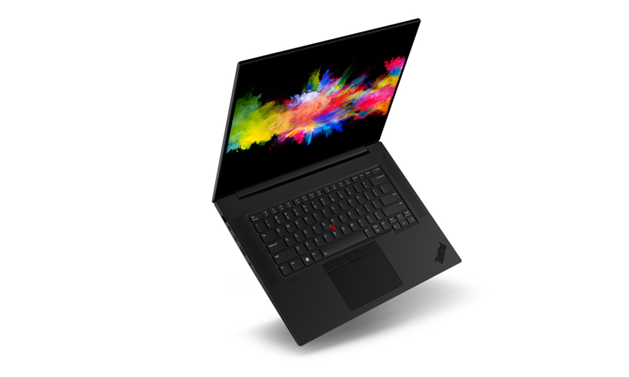 Laptop nero aperto, sfondo colorato sullo schermo. La tastiera è visibile.