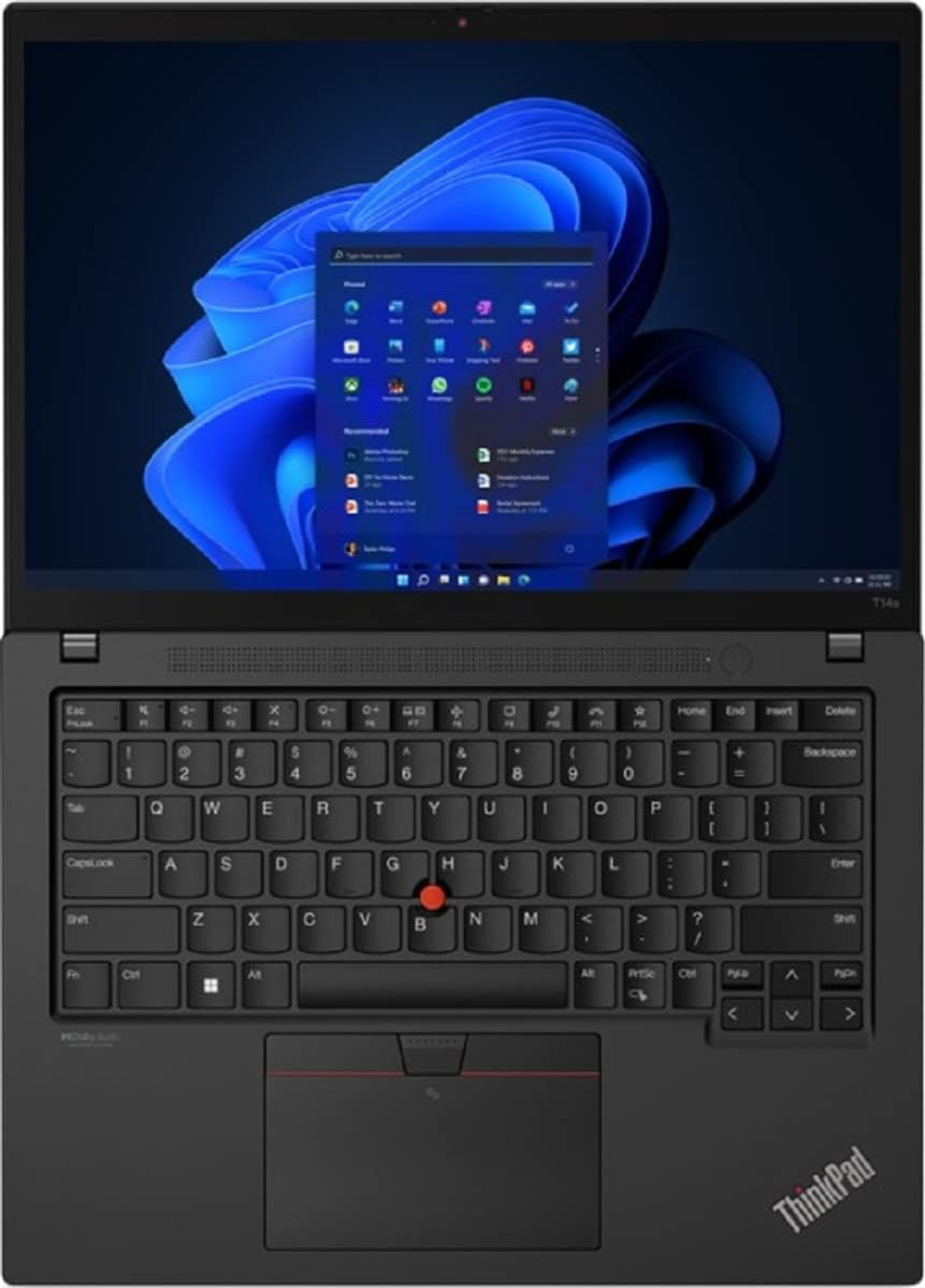 Schwarzer Laptop, geöffnet, zeigt Windows-Oberfläche. Tastatur sichtbar, roter Trackpoint. Weißer Hintergrund.