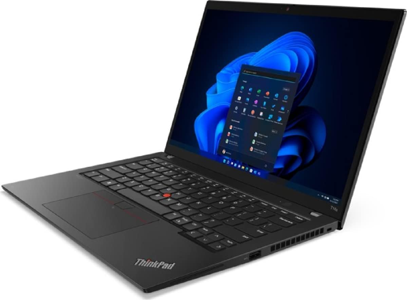 Ein schwarzes ThinkPad-Laptop, geöffnet, zeigt eine Windows-Oberfläche.