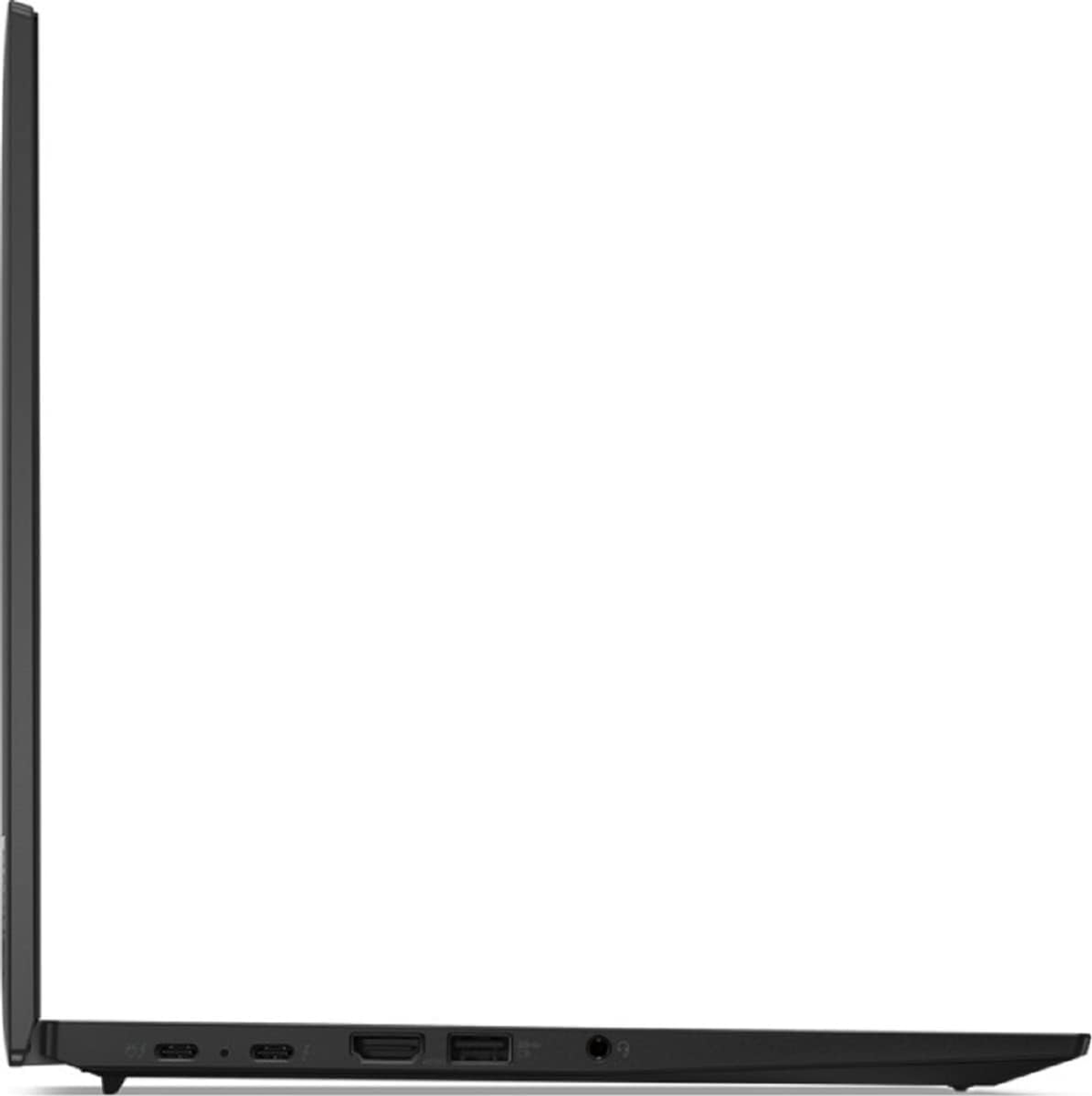 Seitenansicht eines geschlossenen schwarzen Laptops mit den Seitenanschlüssen und Beschriftungen. Der Laptop steht auf einer weißen Oberfläche.